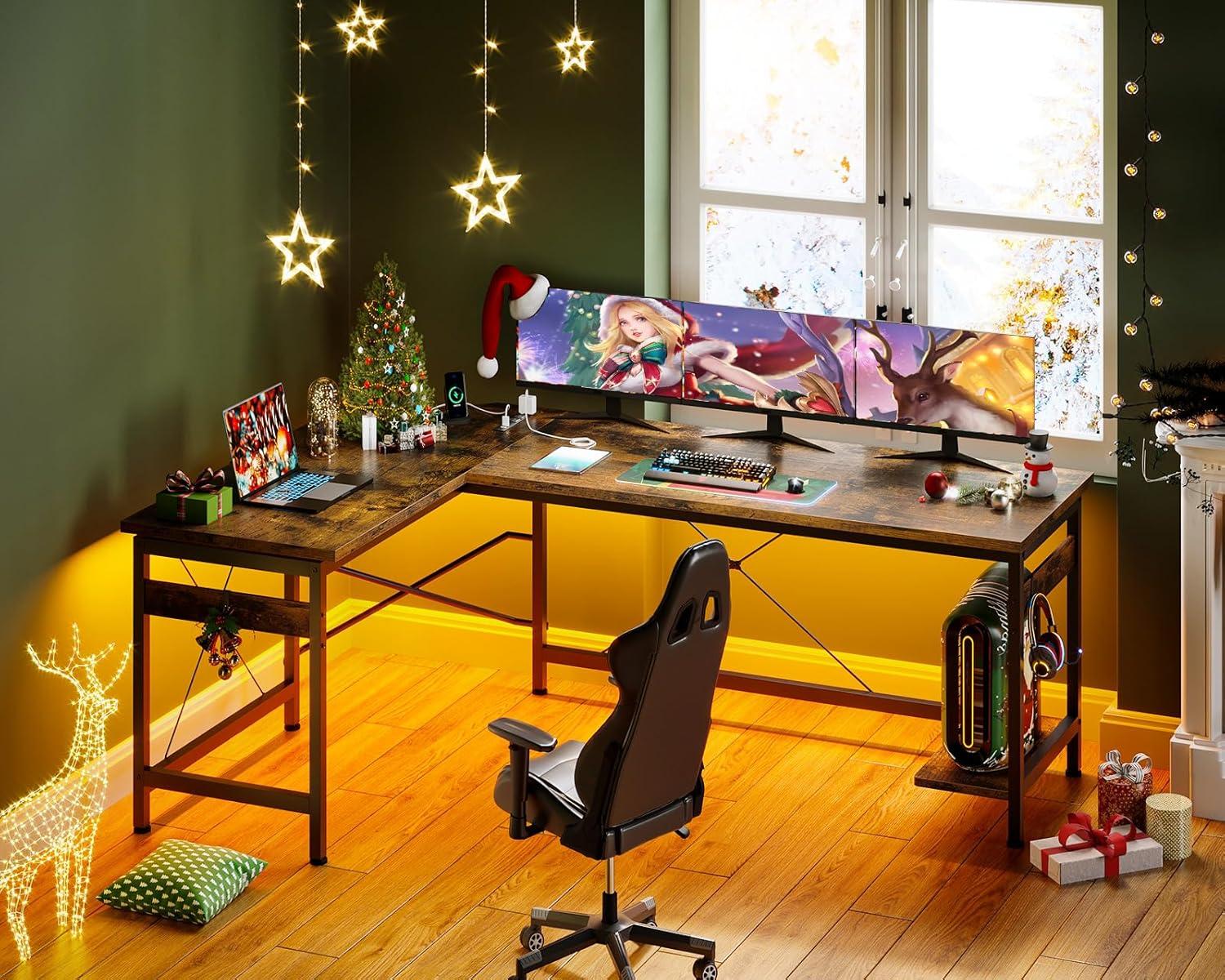 Vintage L-Shaped Wood and Metal Gaming Desk with Power Outlet