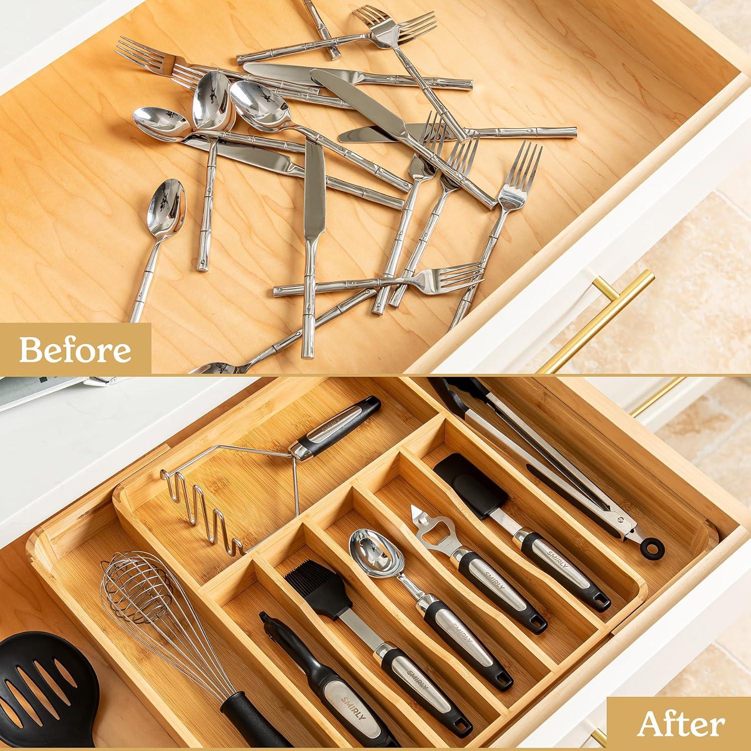 SMIRLY 8-Slot Bamboo Kitchen Drawer Organizer Expandable Utensil Tray for Drawers