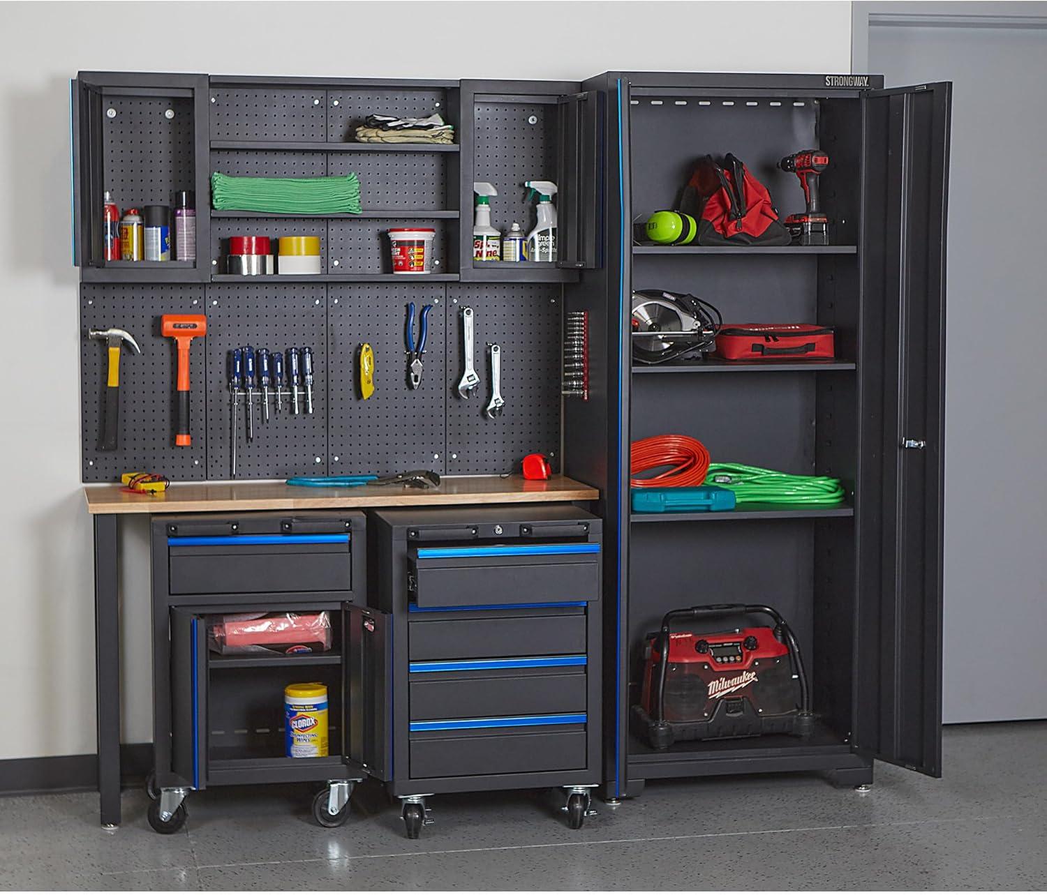 Strongway 6-Pc. Steel Garage Storage System with Drawers, Pegboard, Shelves, Tabletop, 2 Rolling Cabinets, 81.5in. x 75.7in.