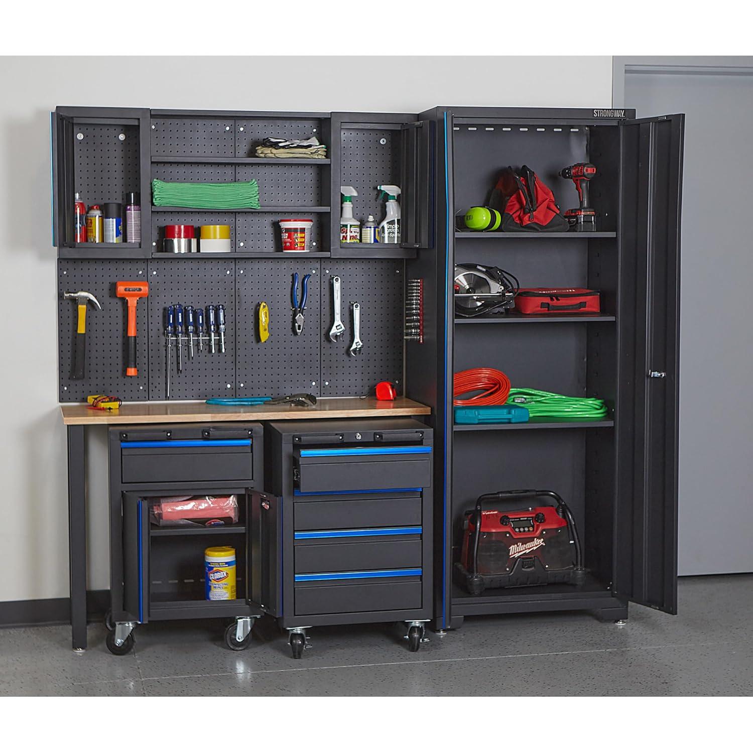 Strongway 6-Pc. Steel Garage Storage System with Drawers, Pegboard, Shelves, Tabletop, 2 Rolling Cabinets, 81.5in. x 75.7in.