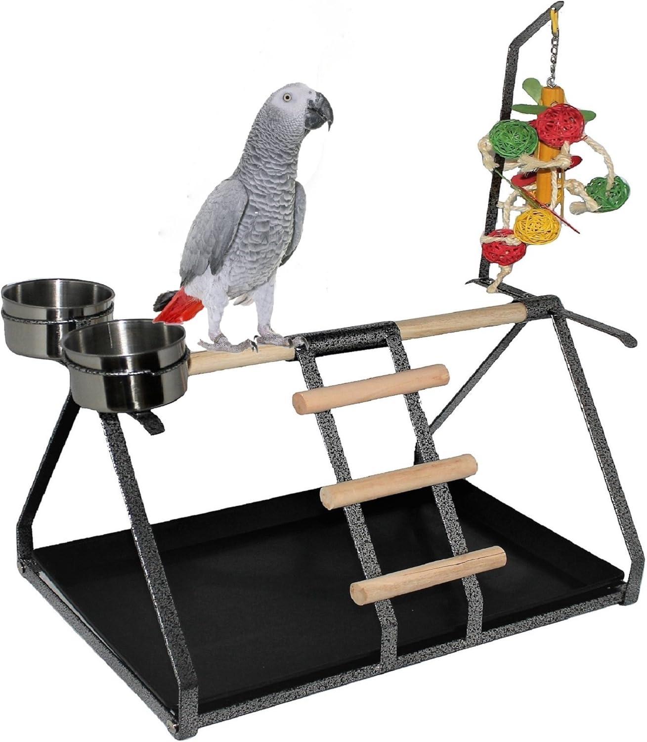 Medium Black Metal and Wood Parrot Perch Stand with Steel Cups