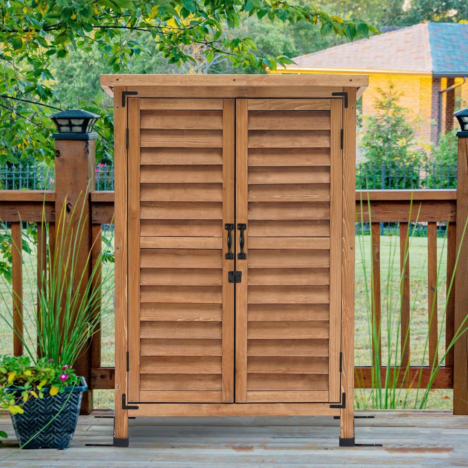 Mcombo Small Outdoor Wood Storage Cabinet, Outside Tools Cabinet (24.6" x 18.3" x 38.2" ) 0985CR