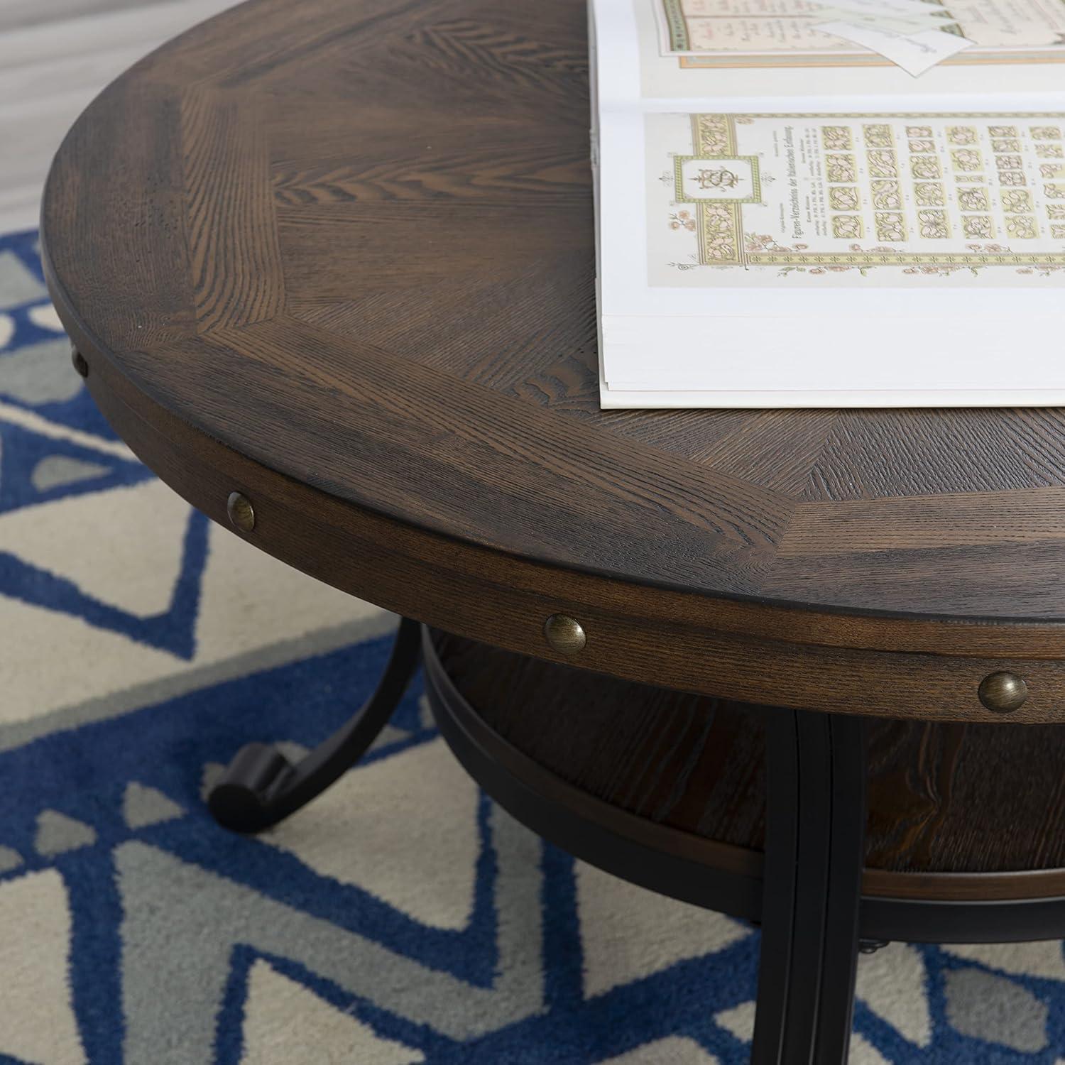 Linon Franklin Coffee Table Steel Legs Wood Top and Shelf in Rustic Umber Brown