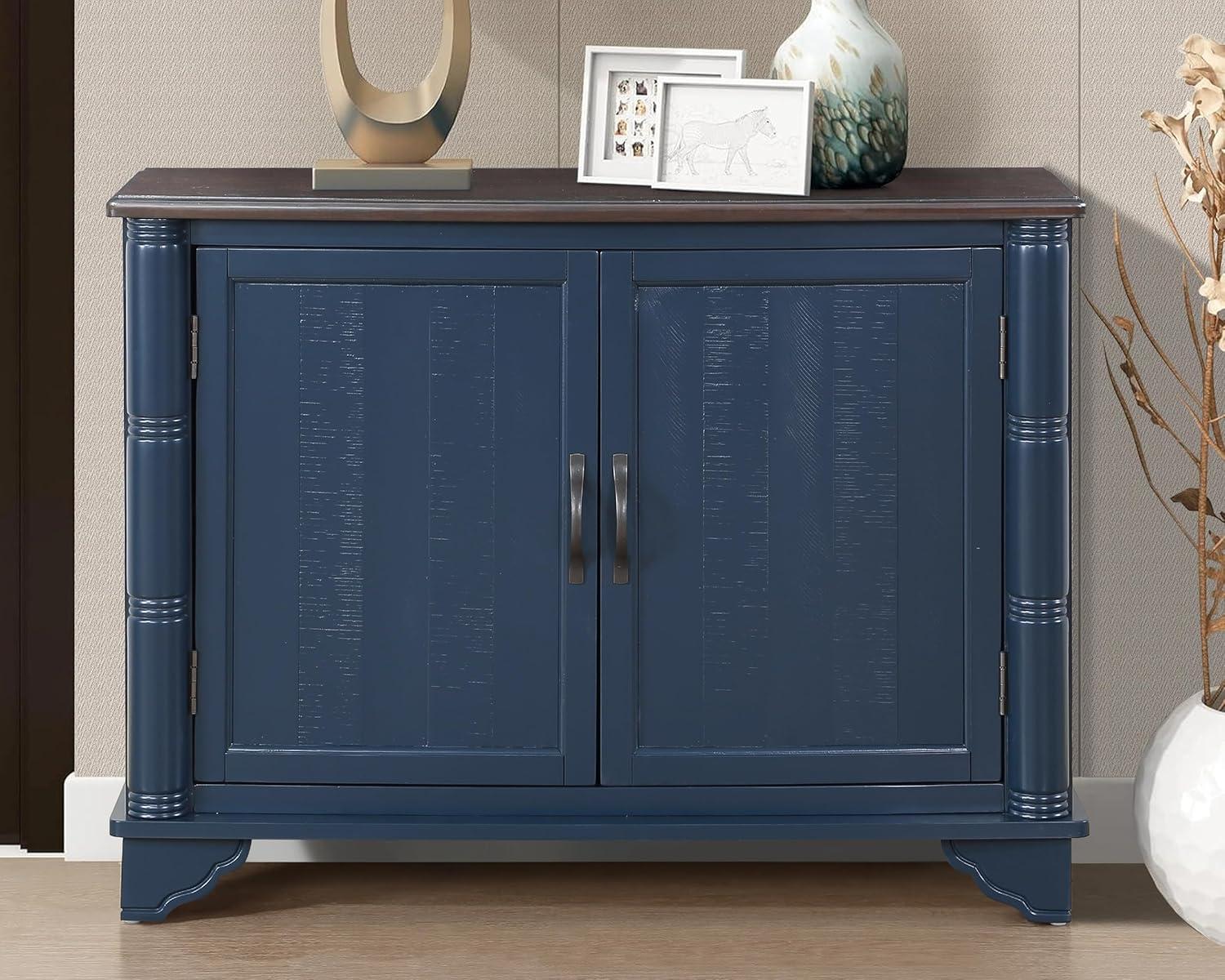 Rustic Blue and Brown Pine Wood Sideboard with Adjustable Shelves