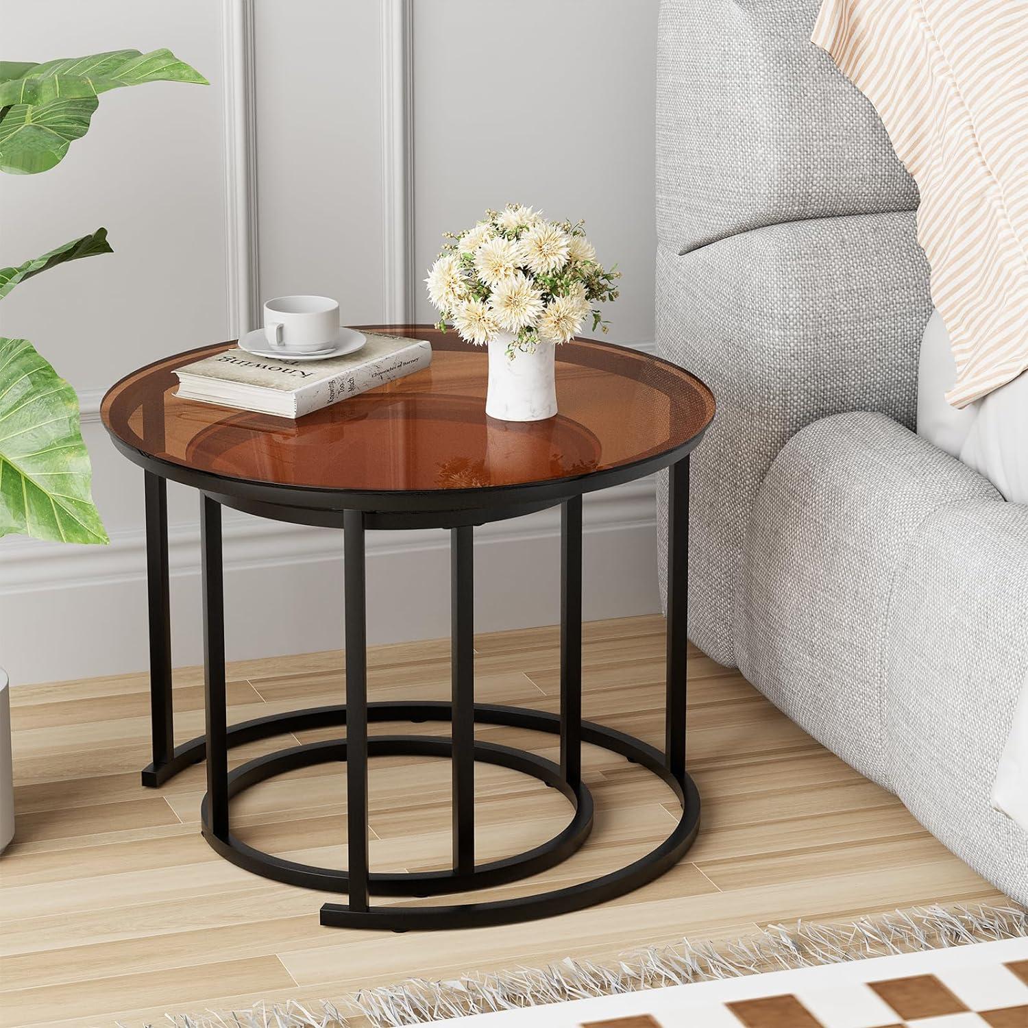 Round Wood Nesting Coffee Table Set with Metal Frame