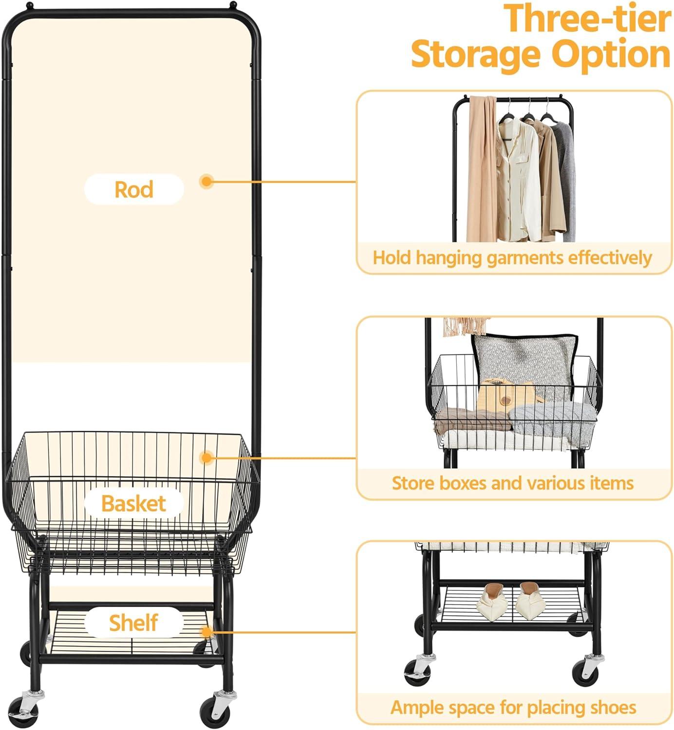 Laundry Cart with Wheels and Hanging Rack, Garment Rack with Storage Shelves and Coat/Hat Hanging Hooks, Rolling Laundry Basket for Laundry Bedroom Hallway, Black