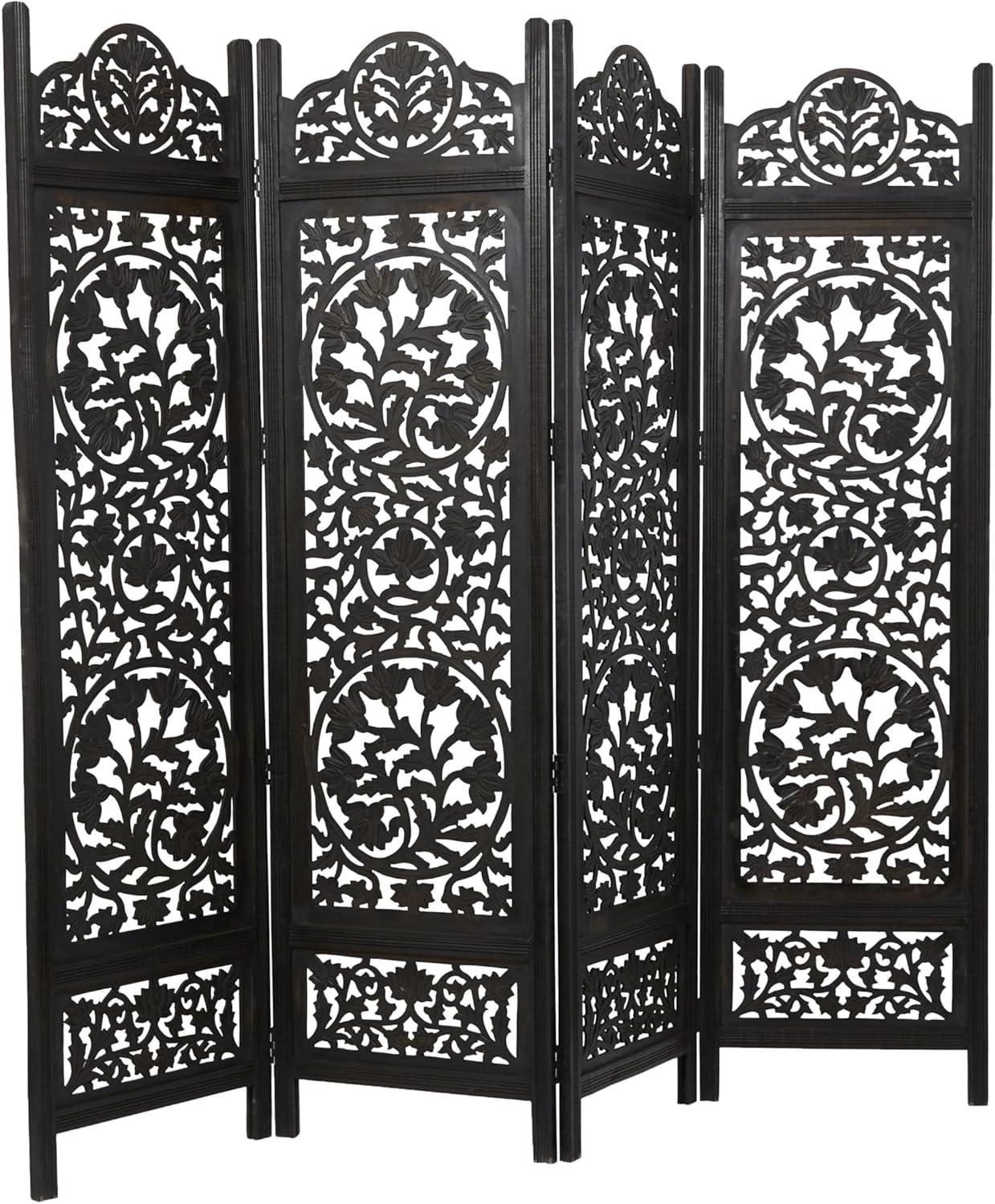 DecMode 80" x 72" Black Wood Floral Handmade Hinged Foldable Partition 4 Panel Room Divider Screen with Intricately Carved Designs, 1-Piece