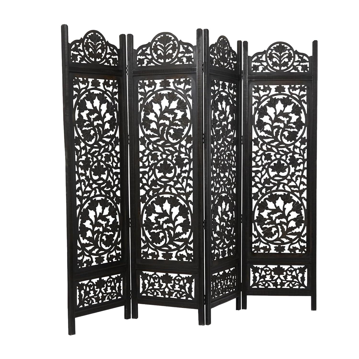 DecMode 80" x 72" Black Wood Floral Handmade Hinged Foldable Partition 4 Panel Room Divider Screen with Intricately Carved Designs, 1-Piece