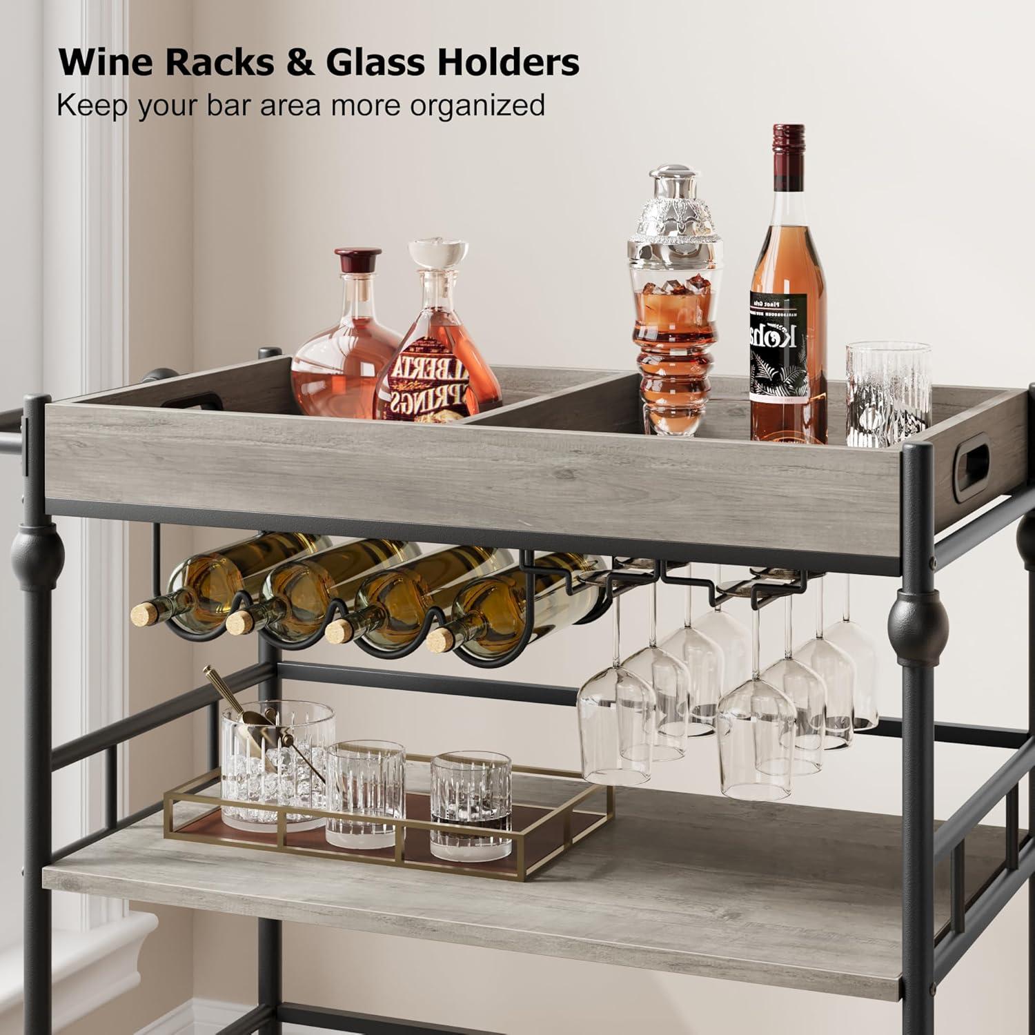 Bar Cart, Bar Carts for The Home, 3 Tier Bar Cart with Wheels, Portable Home Bar & Serving Carts, Rolling Cart with Wine Rack and Removable Tray for Living Room, Kitchen, Dining Room