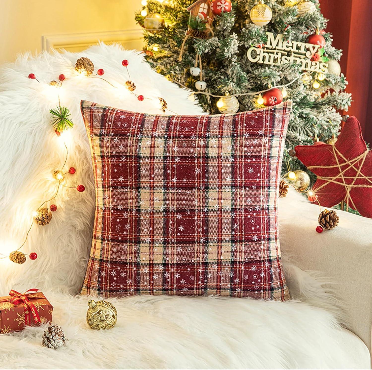 Red and Beige Tartan Plaid Snowflake 18" Polyester Euro Pillow Covers