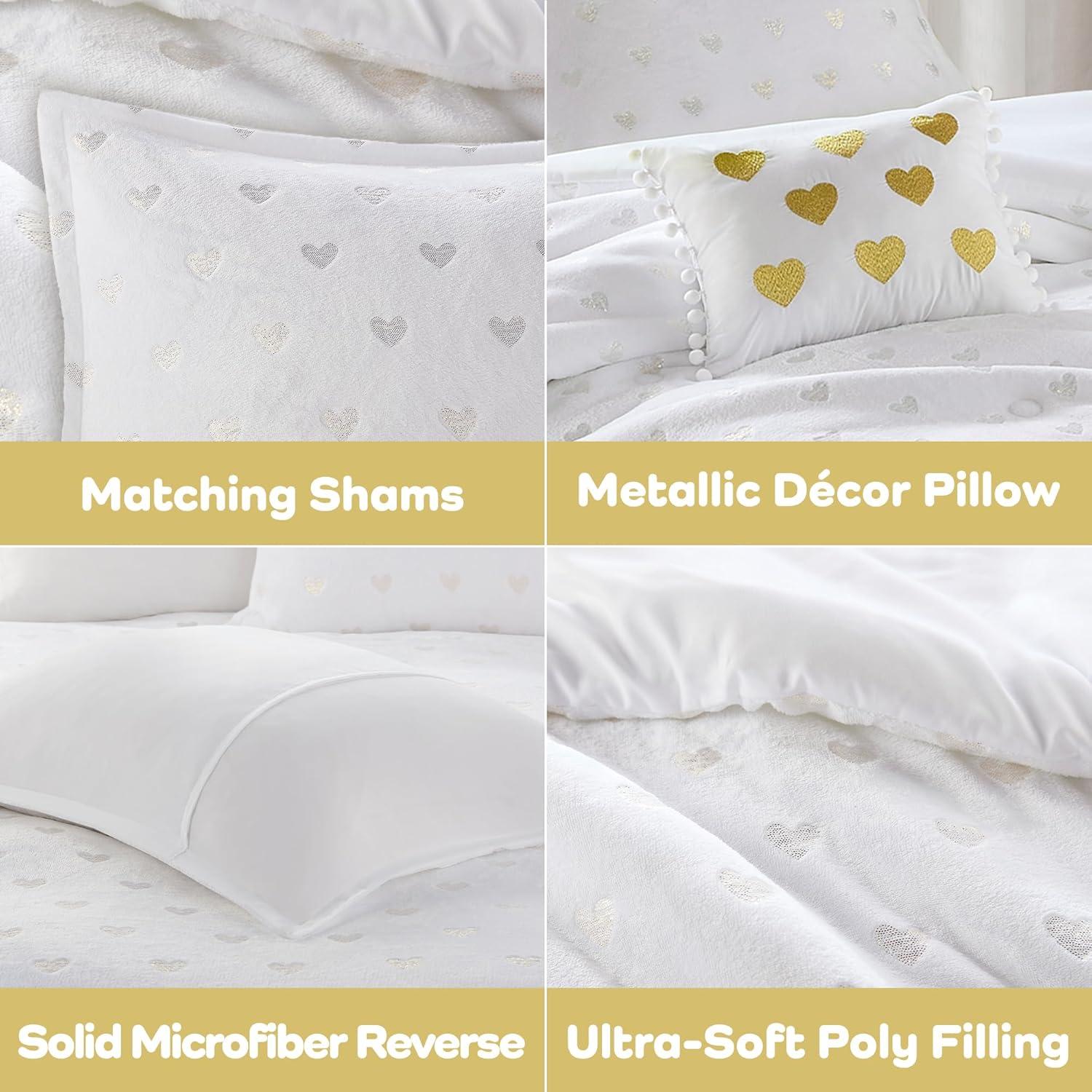 Mi Zone Full/Queen Audrey Metallic Print Plush Microfiber Soft Comforter Set with Throw Pillow White: Hypoallergenic, Transitional Style