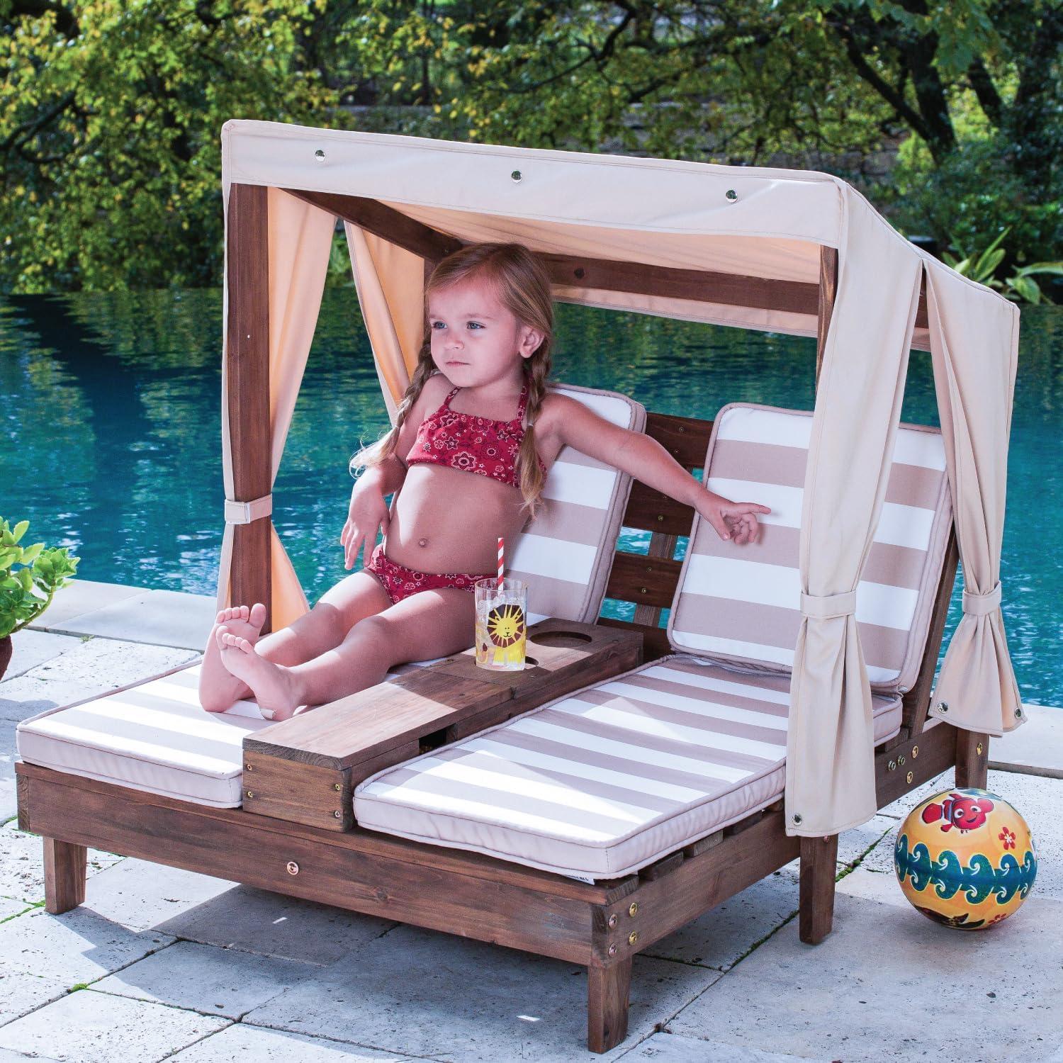 Wooden Outdoor Double Lounger with Cup Holder, Wood Color, L x W x H 36.5 x 33.4 x 35.1 inches