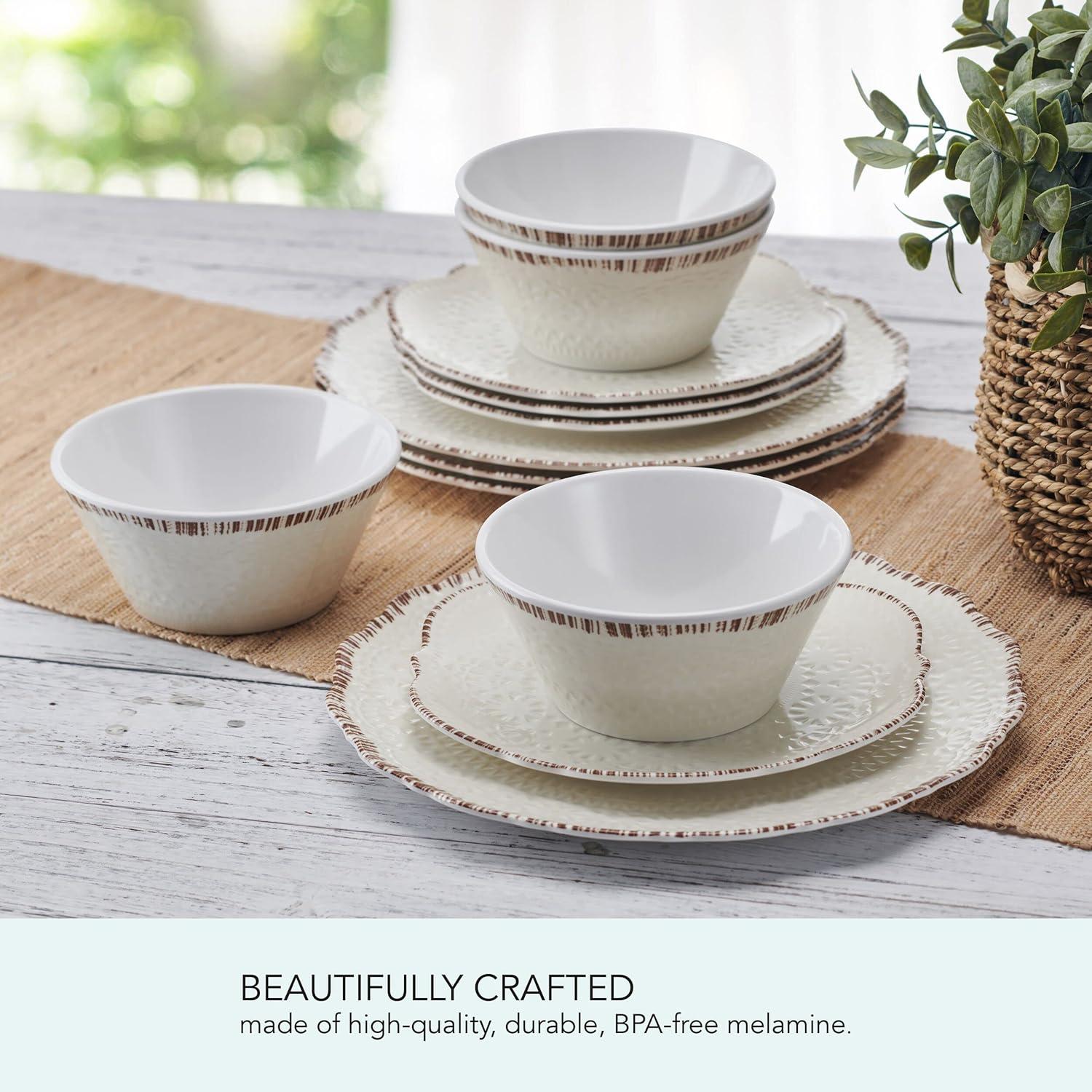 White Embossed Melamine Dinnerware Set, Service for 4