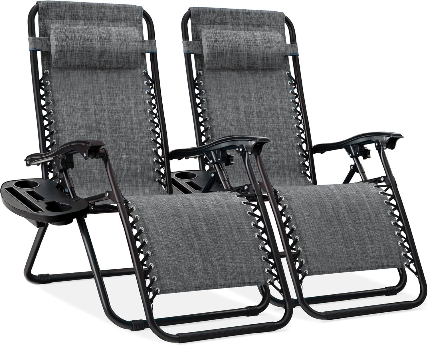 Set of 2 Gray Zero Gravity Patio Loungers with Cup Holder Trays