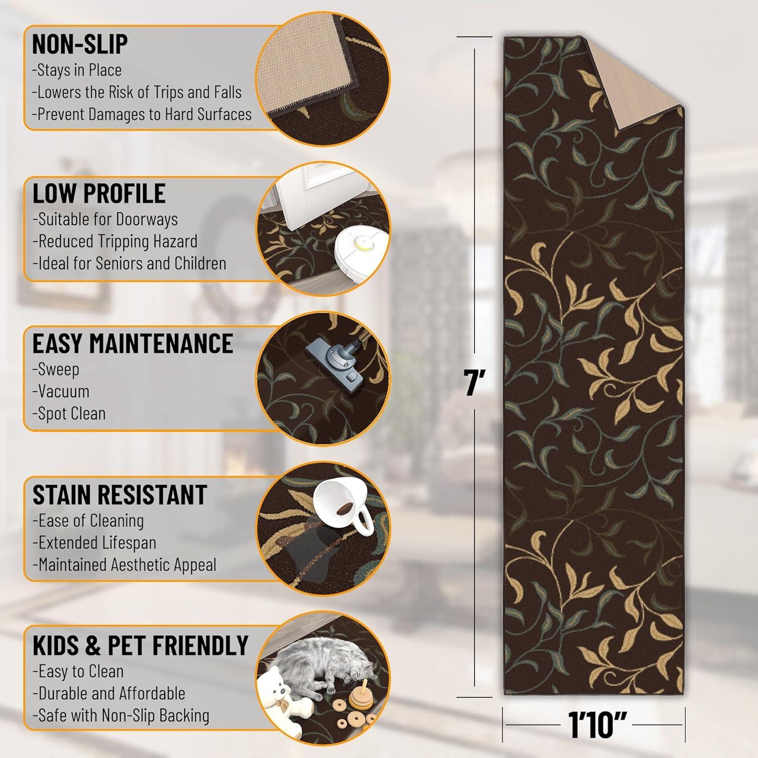 Ottohome Non-Slip Leaves Area Rug For Living Room, Hallway Runner, Entryway Rug, Brown