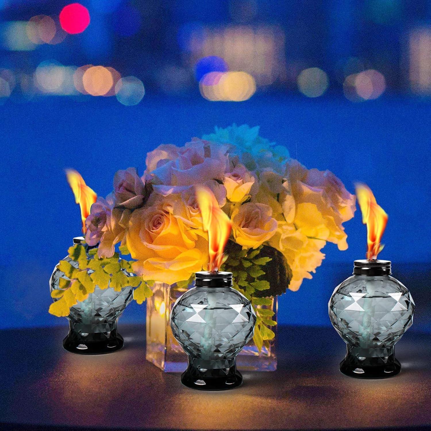 TRAHOO-4 Pack Glass Table Top Light Torches for Outside, Easy to Refill Glass Citronella Torches Outdoor Lanterns, Wick and Cap Included Torch for Garden Patio Yard Party