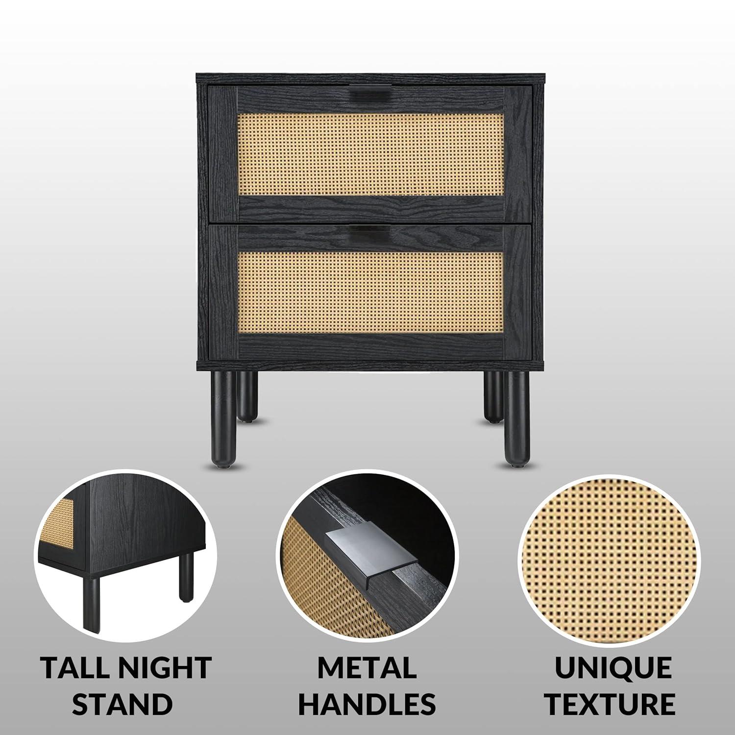 Sango Sango Orre 2-Drawer Solid Wood Nightstand, With Rattan, Cylicndrical Wooden Legs