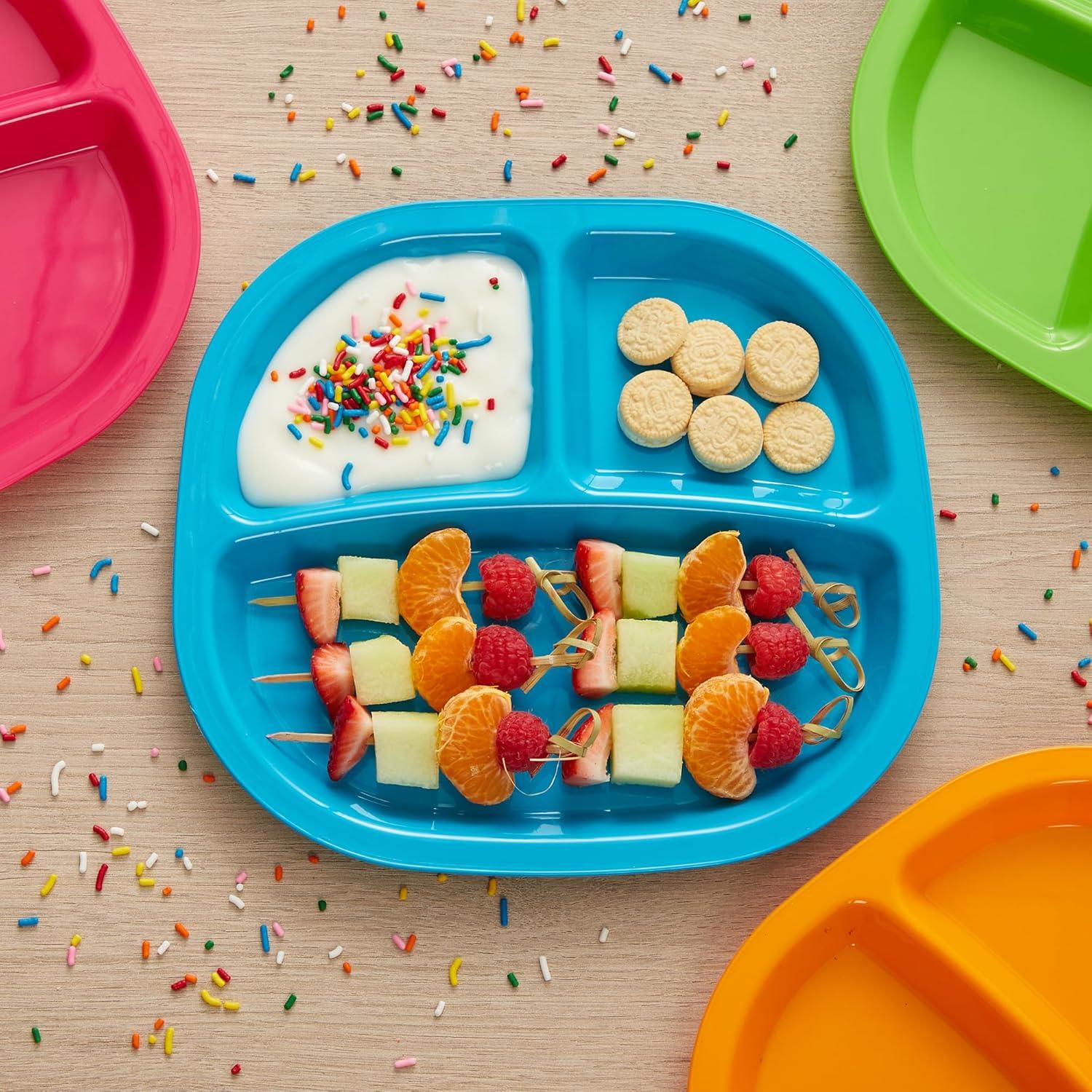 US Acrylic Harmony 3-compartment Divided Plastic Kids Tray in 4 Calypso Colors | set of 12 Reusable, BPA-free Plates, Made in the USA, Microwave & Dishwasher Safe Dinnerware