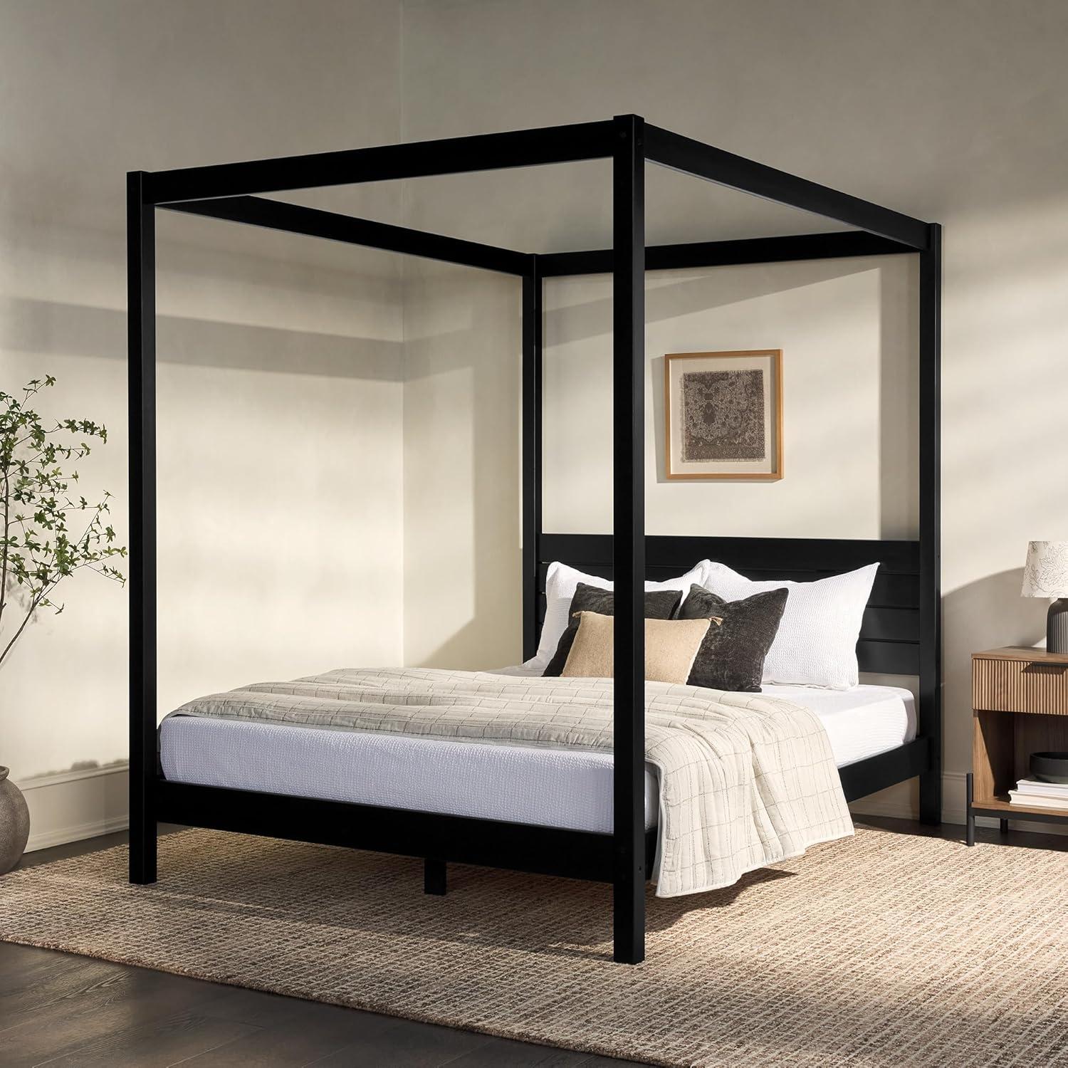 Walker Edison Minimalist Solid Wood Canopy Full Bed, Black