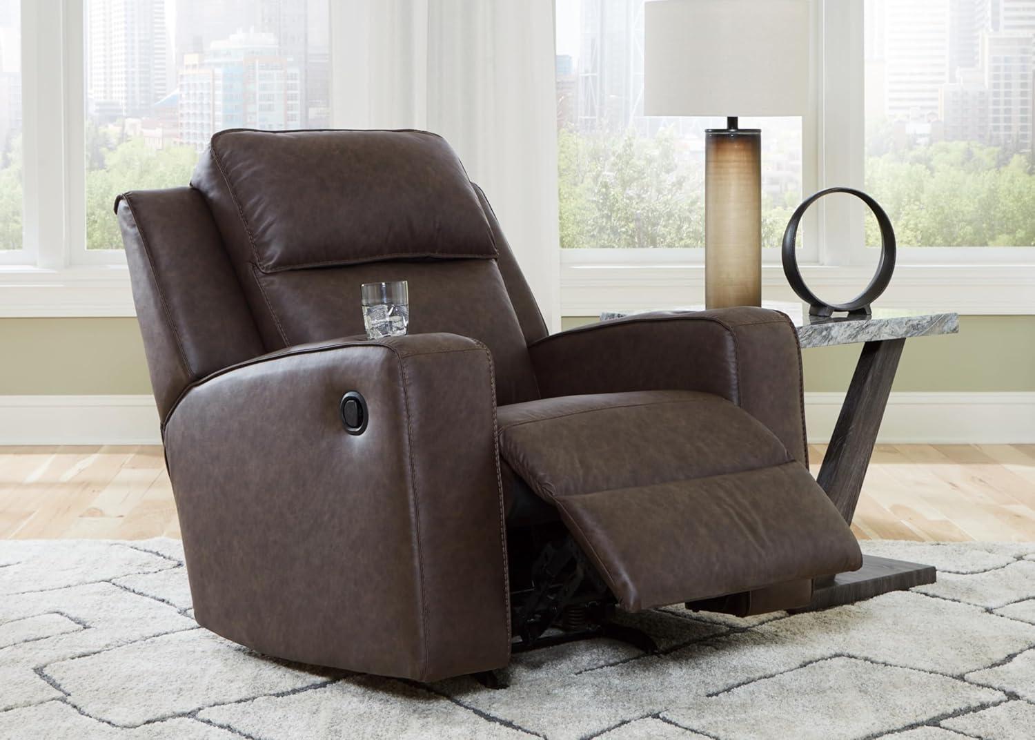 Umber Faux Leather Contemporary Recliner with Cup Holders