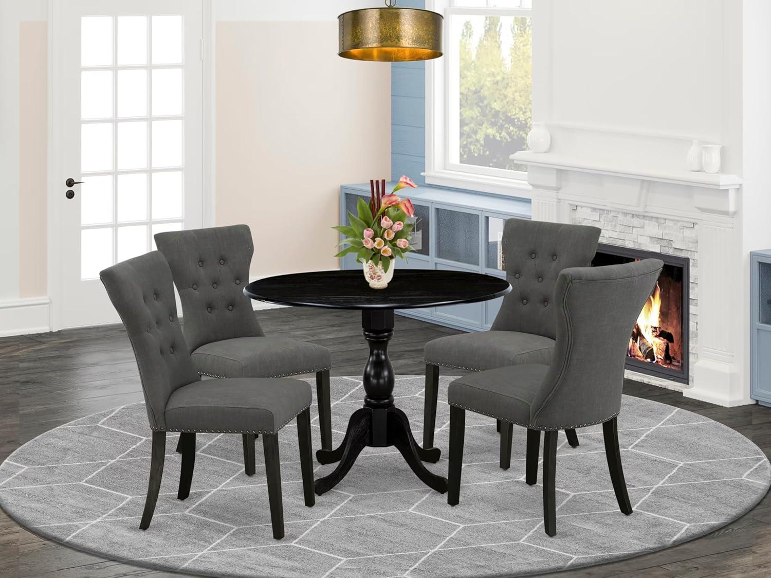 Homestock Tribal Treasures 5 Piece Dining Set Includes 1 Drop Leaves Table And 4 Dark Gotham Grey Linen Fabric Dining Chair Button Tufted Back With Nail Heads Wire Brushed Black Finish