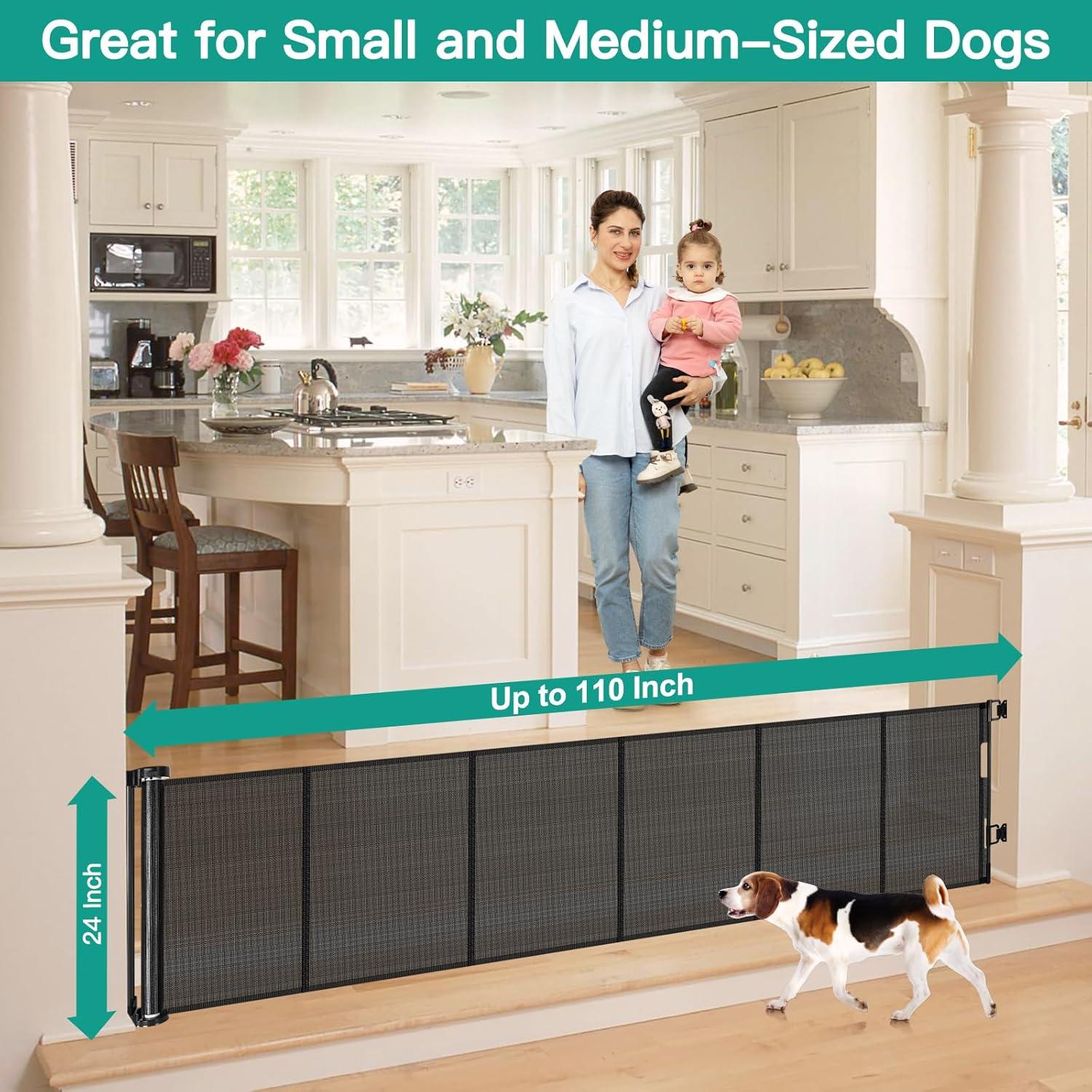 24 Inches Tall Retractable Baby Gates for Doorways, Short Dog Gates to Step Over, Extends up to 55" Wide, Reinforced Mesh Baby Gate for Kids or Pets, Gates Puppy Gates for The House (Black)