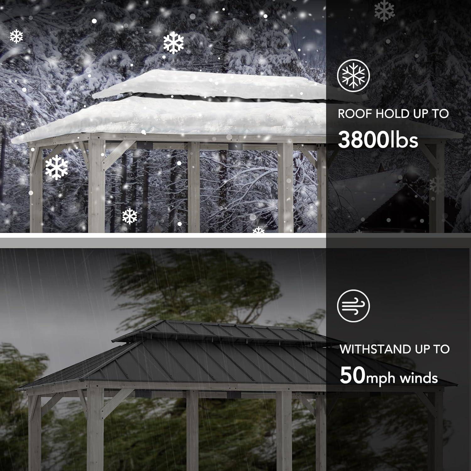 Sunjoy Sunjoy 12x20 ft. Wood Gazebo, Outdoor Patio Steel Hardtop Gazebo with 2-tier Metal Roof, Suitable for Patios, Lawn and Backyard, Matte Black Roof