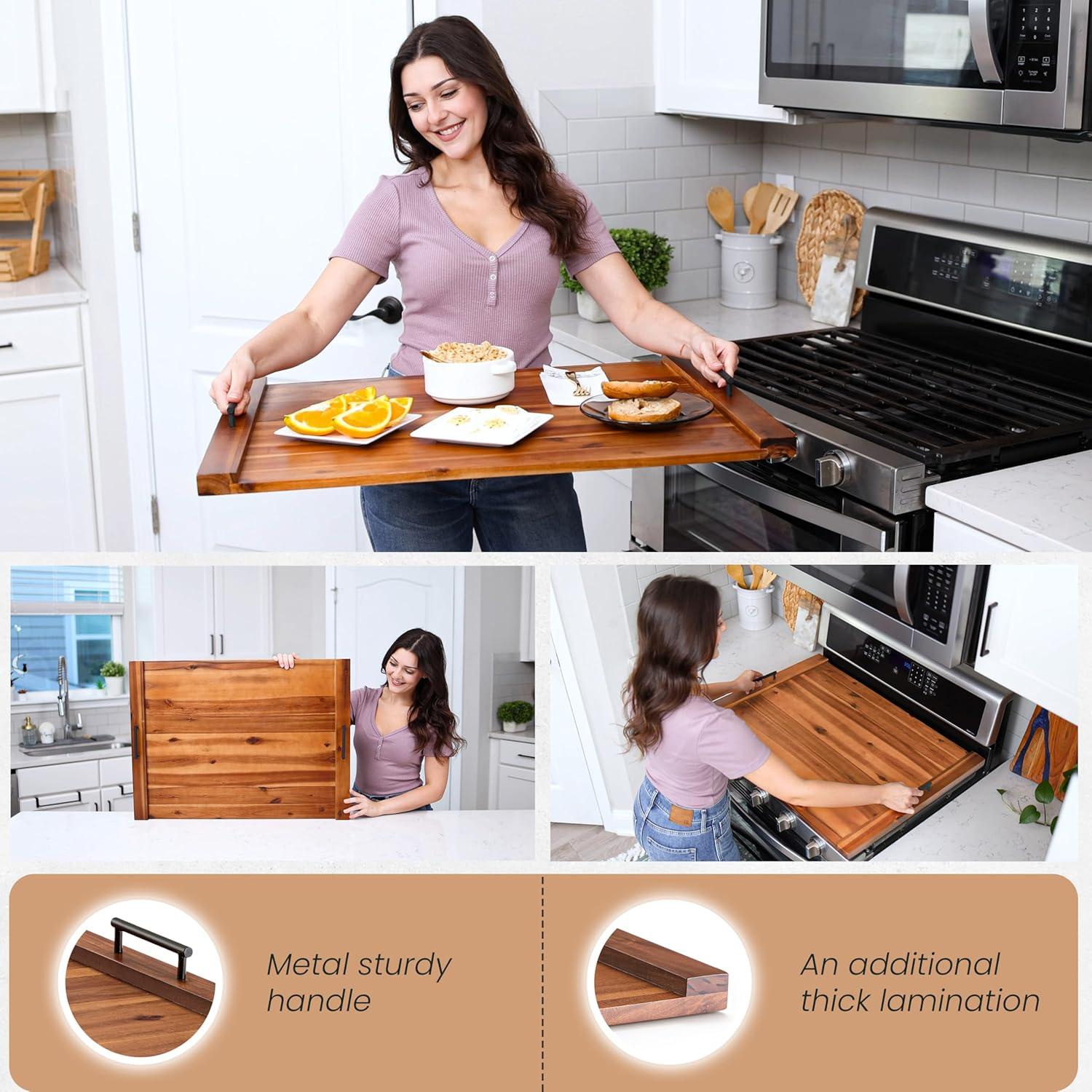 Acacia Wood Stove Top Cover with Metal Handles