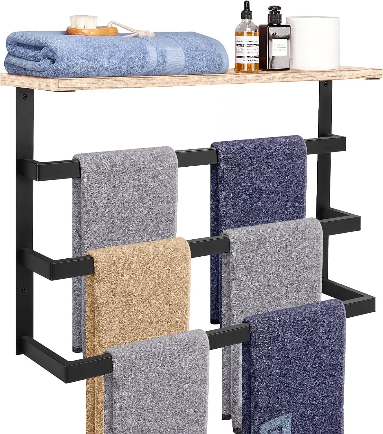 Matte Black Wall Mounted 3-Tier Towel Rack with Wood Shelf