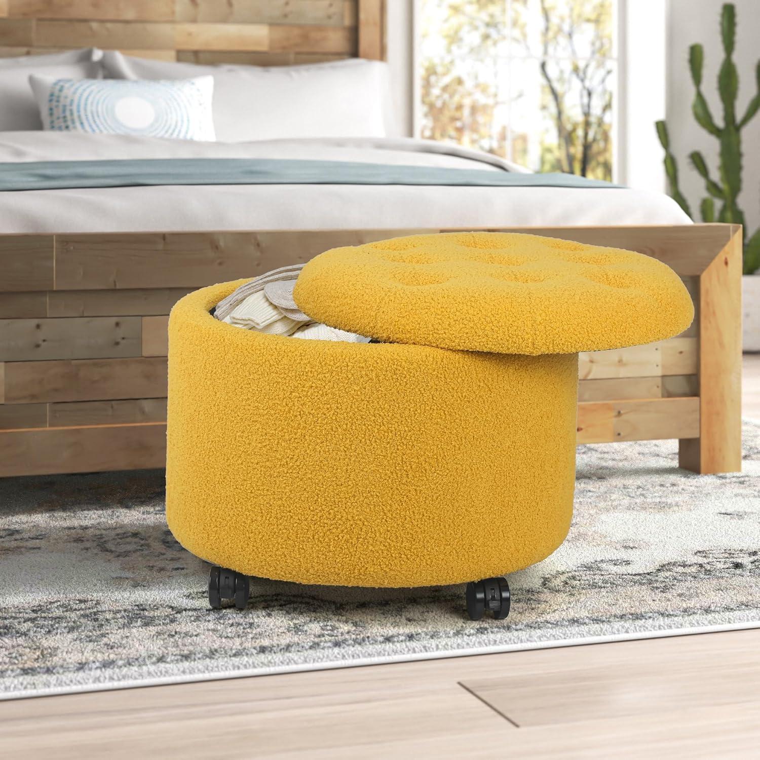Round Storage Ottoman with Casters, Teddy Velvet Button Tufted Foot Rest Stool for Living Room Bedroom