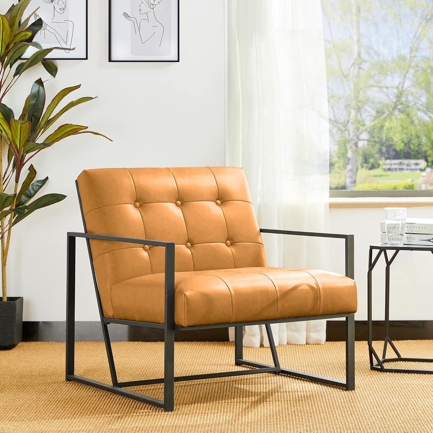 Mid-Century Modern Leatherette Button Tufted Arm Accent Chair Camel - Glitzhome: Chrome-Plated Metal Frame, Polyurethane Upholstery