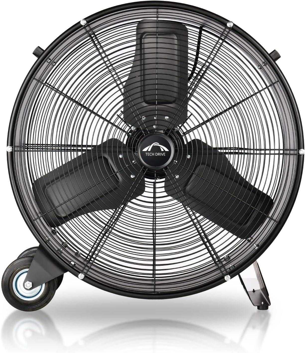 Tech Drive Heavy Duty Metal Industrial Drum Fan, 24 inch High Velocity Shop Fan, 2 Speed Large Floor Fan for Warehouse, Workshop, Factory, Garage, All Metal, Black