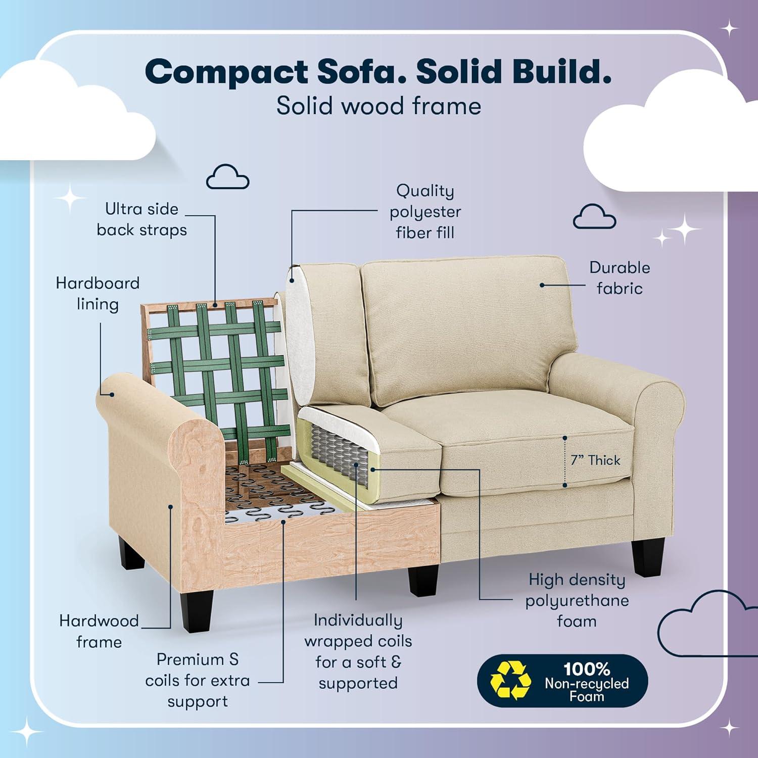 Serta Copenhagen 61" Rolled Arm Sofa, Easy Care Fabric, Soft Pillow Back, Pocket Coil Seat Cushions