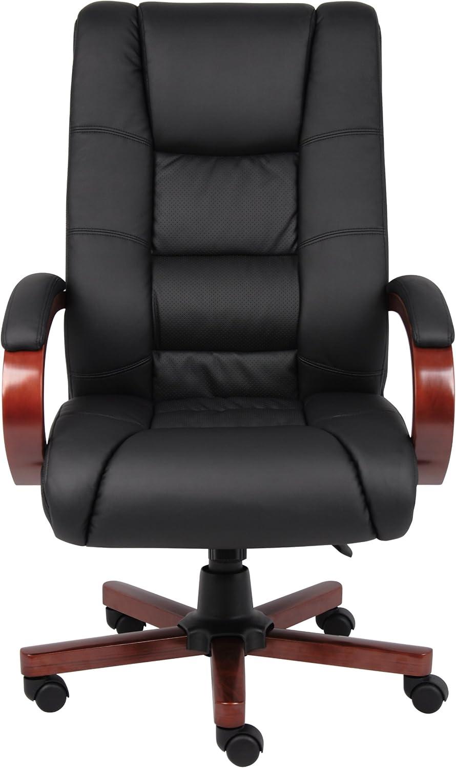 High Back Executive Wood Finished Chairs Black/Brown - Boss Office Products: Caressoft, Pneumatic Lift, Swivel