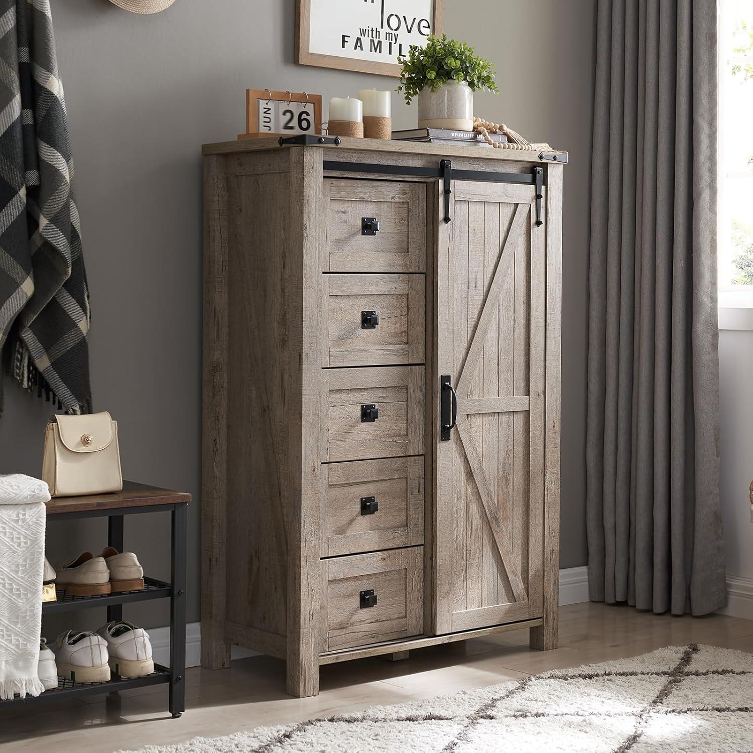 Light Rustic Oak Farmhouse 5-Drawer Dresser with Sliding Barn Door