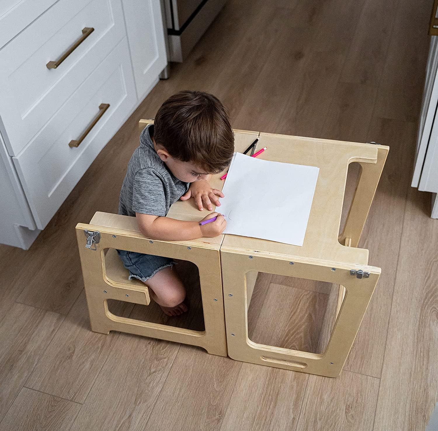 Avenlur Date 4-in-1 Foldable Kitchen Tower - Toddler Step Stool with Chalkboard, Desk Table and Chair - Waldorf and Montessori Kitchen Stool - Kitchen Stool Tower for Toddlers 18 Months to 6 Years