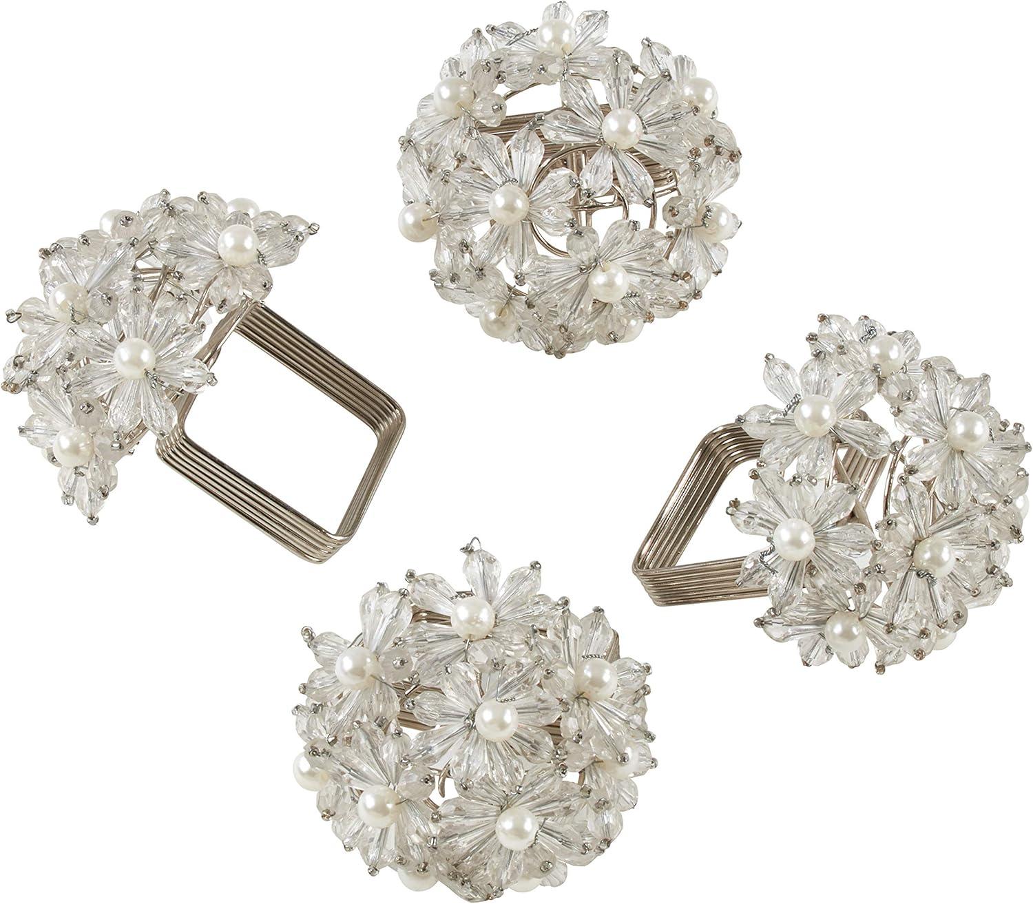 Saro Lifestyle Beaded Floral Design Napkin Rings (Set of 4), Clear