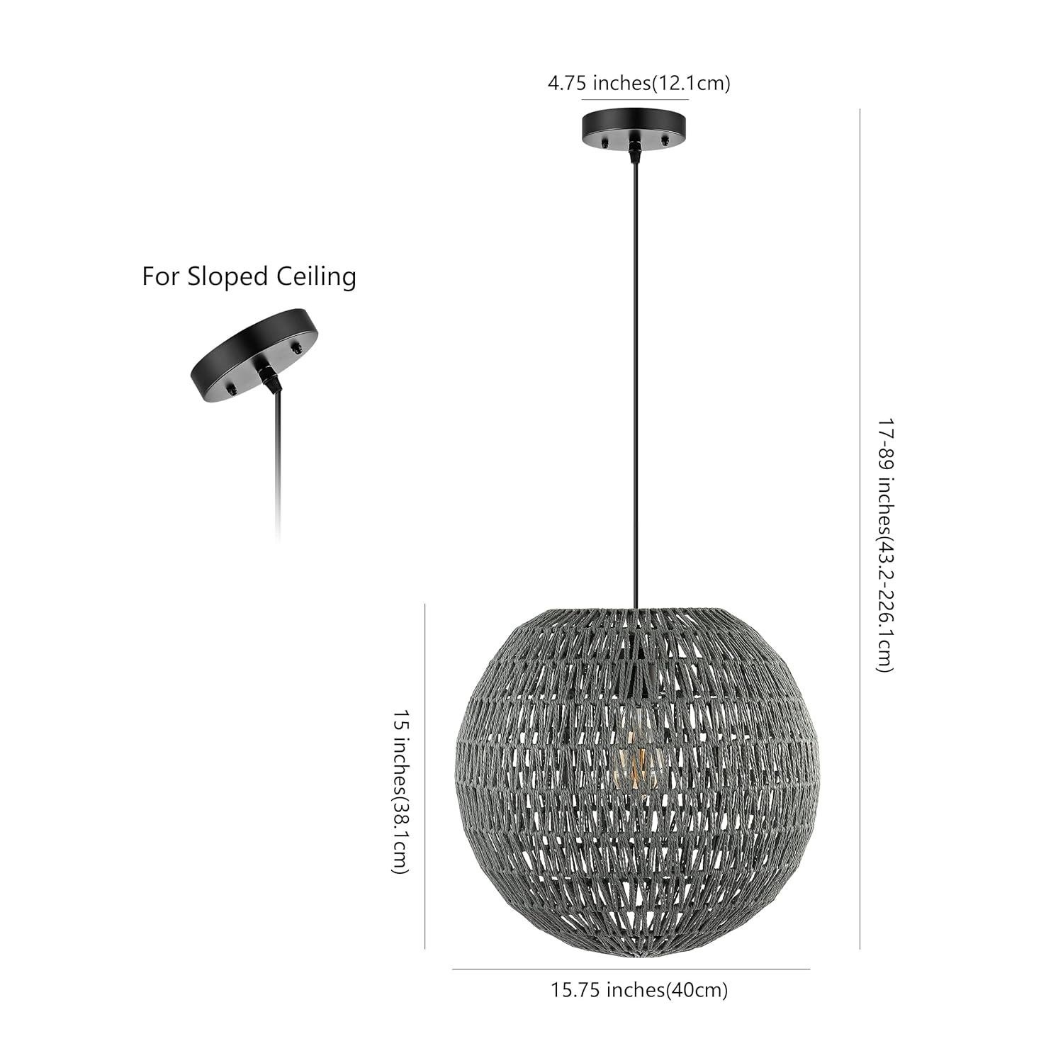 Luna 15.75" 1-Light Bohemian Modern Woven Rattan/Iron LED Pendant, Grey/Black