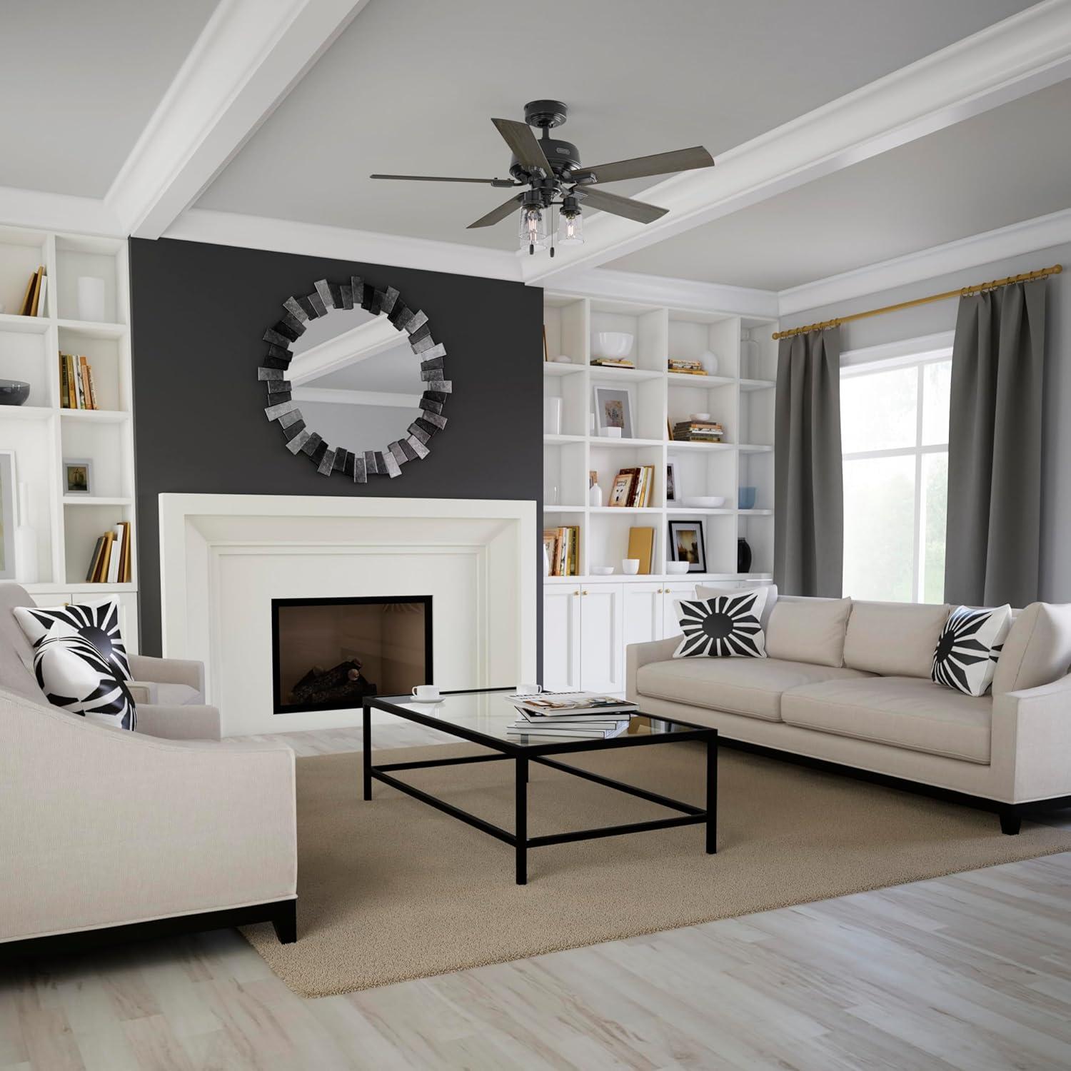 Hunter - Hartland Indoor Ceiling Fan With Light, 52-inch, Matte Black, Casual-style, 3-speed WhisperWind Motor, 51745, for living rooms, bedrooms, home offices, kitchens