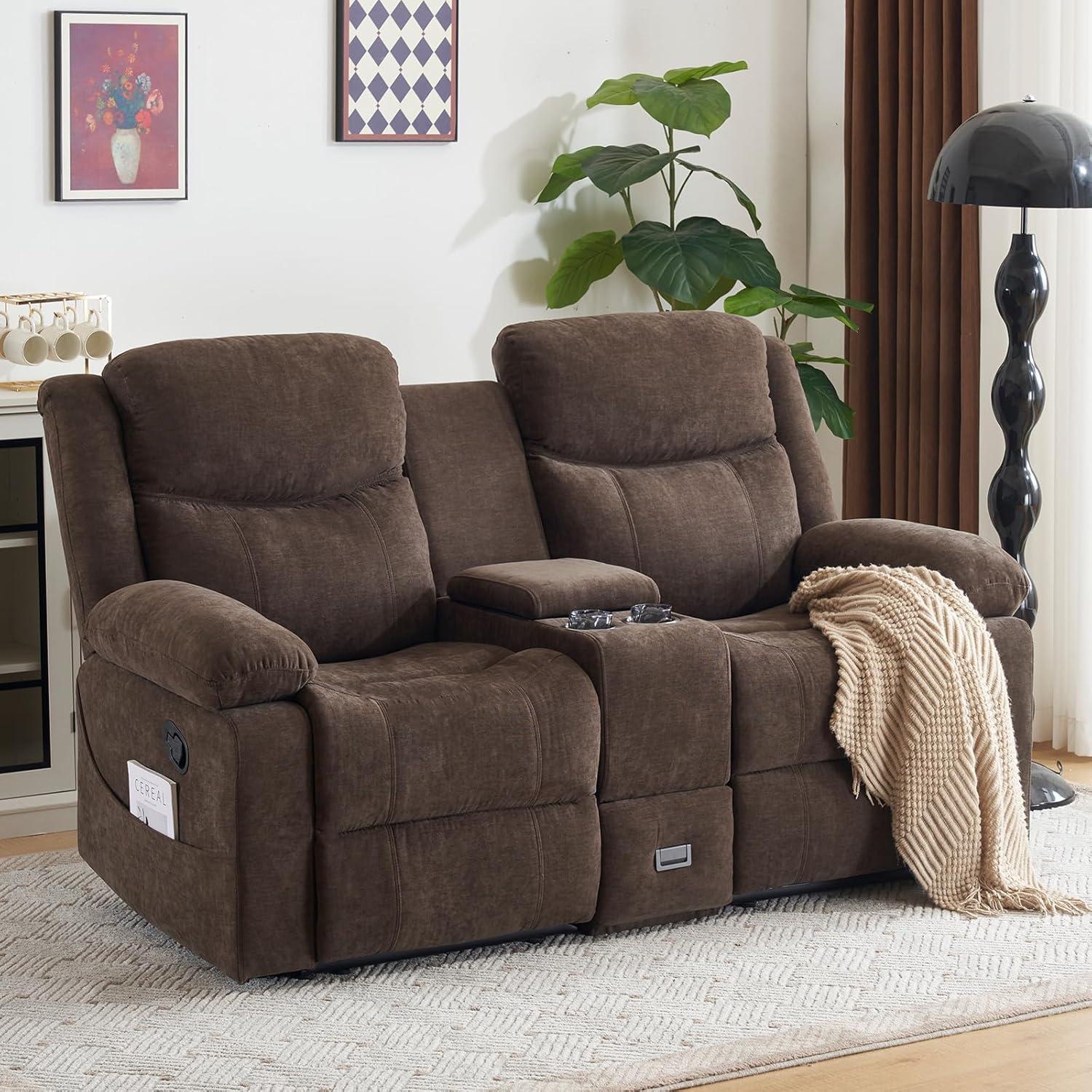 Loveseat Recliner Sofa, Manual Recliner Loveseat with Console, Modern Chenille Sofa Sleeper Deep Couches with Cup Holders and Side Pocket for Living Room/Office/Apartment (Brown)
