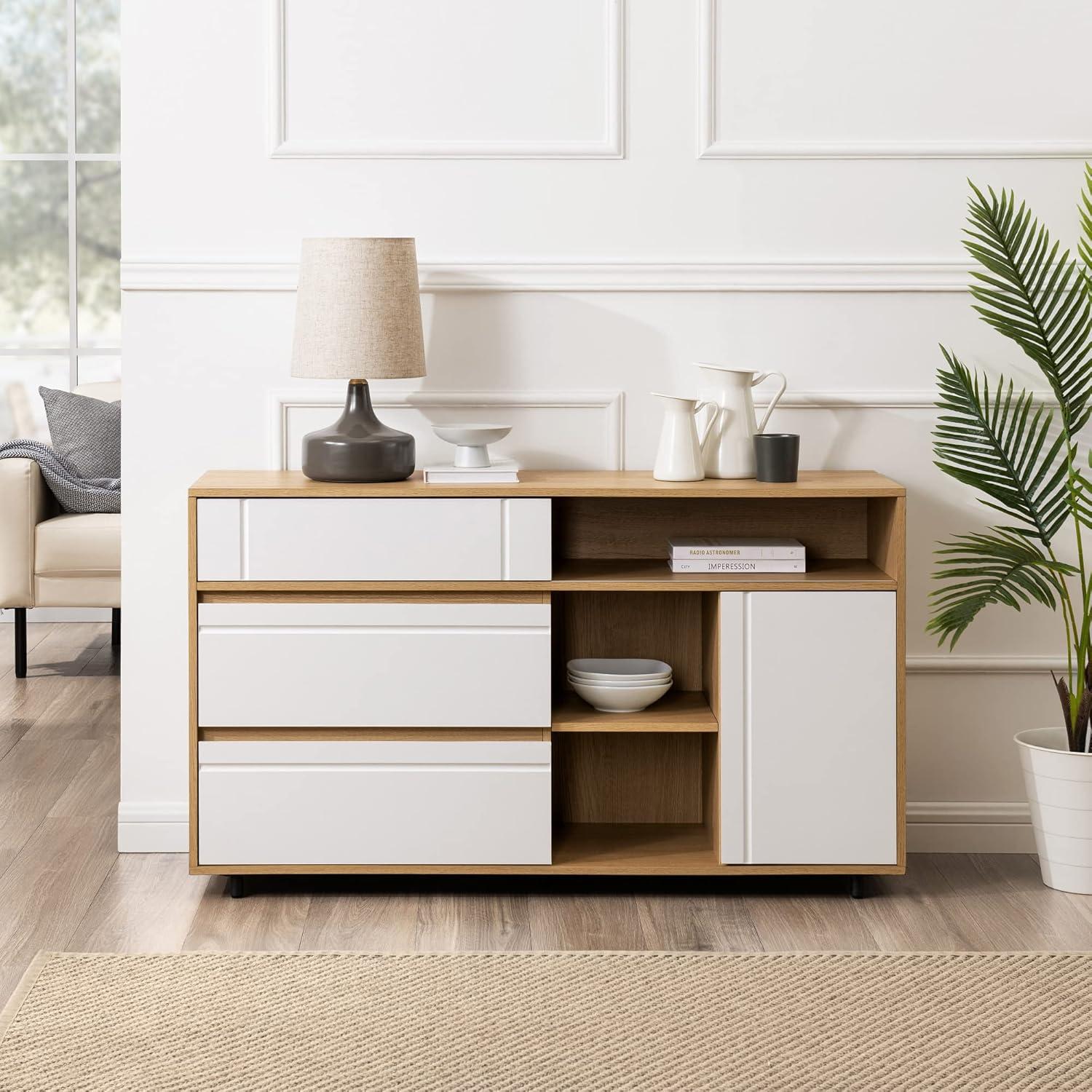 Walker Edison 52” Contemporary 3-Cubby 2-Drawer Storage Sideboard, Coastal Oak/Solid White