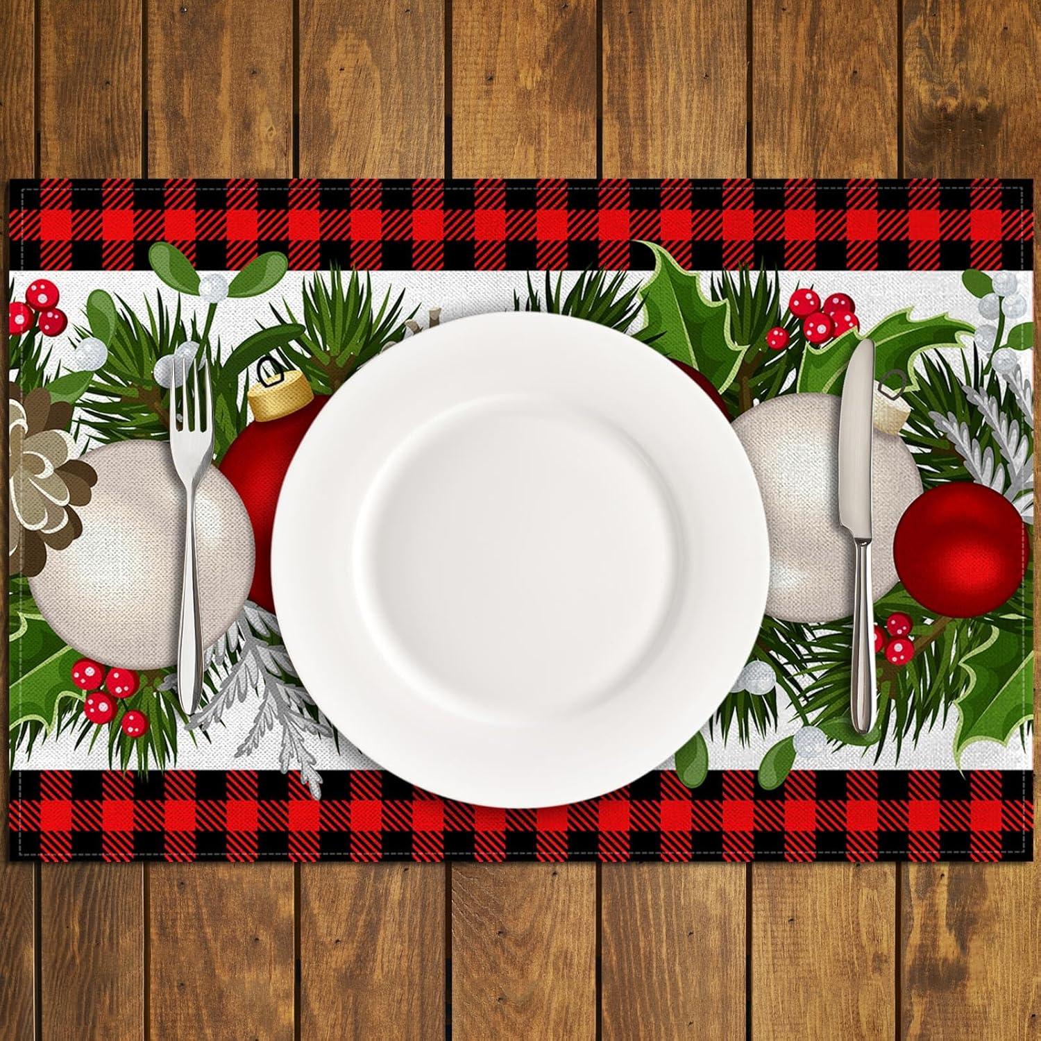 Linen Red and Black Buffalo Check Plaid Christmas Placemats Set of 4 Farmhouse Winter Christmas Xmas Holiday Home Kitchen Table Decorations