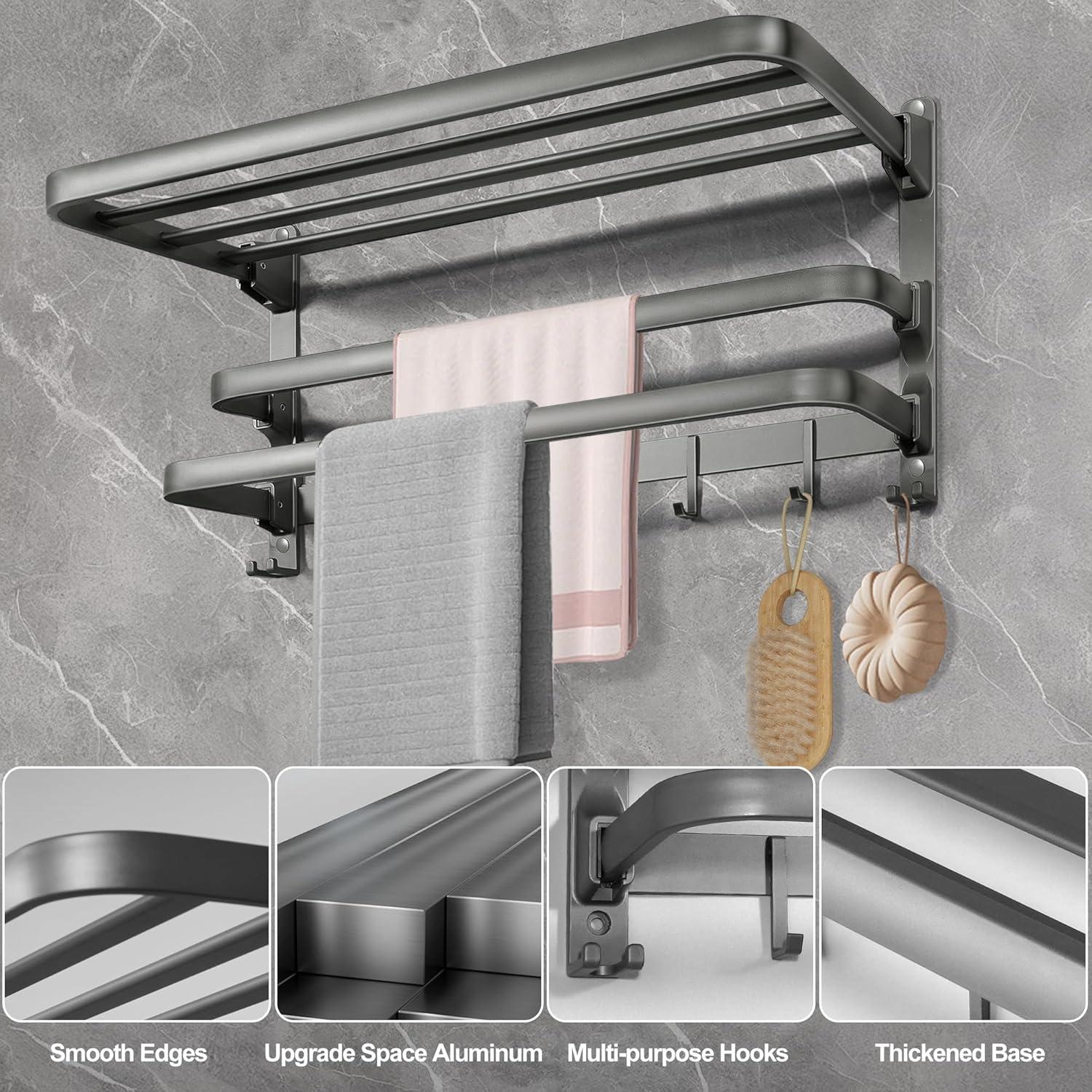 VOLDRA Towel Racks for Bathroom, 24-Inch Towel Shelf with Towel Bar Foldable Towel Holder with 7 Hooks Towel Storage Organizer for Bathroom & Lavatory Wall Mounted(Matte Black)