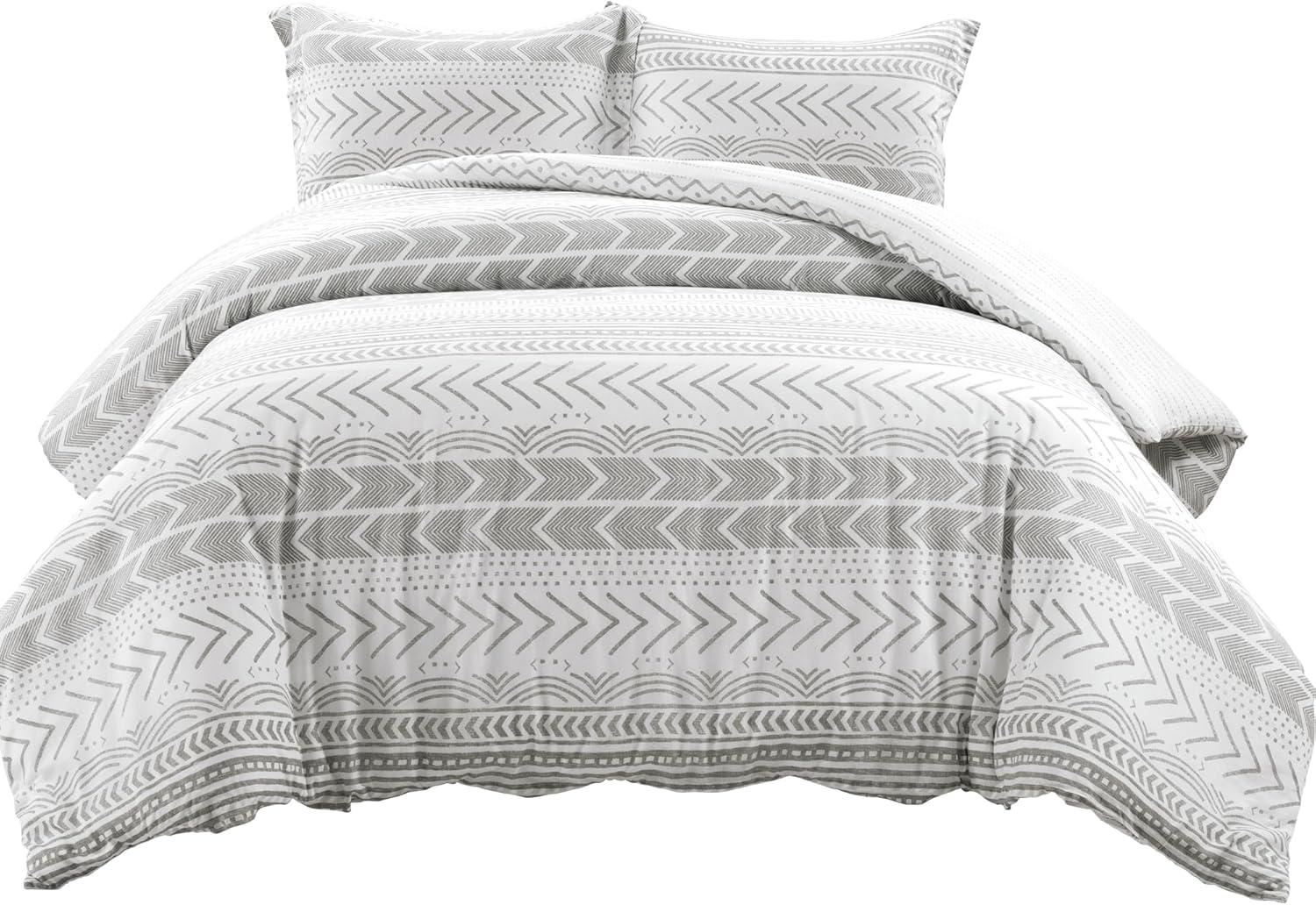 3pc King Hygge Geo Duvet & Sham Set Gray/White - Lush Décor: Cotton, Reversible, Inner Ties, 460 Thread Count