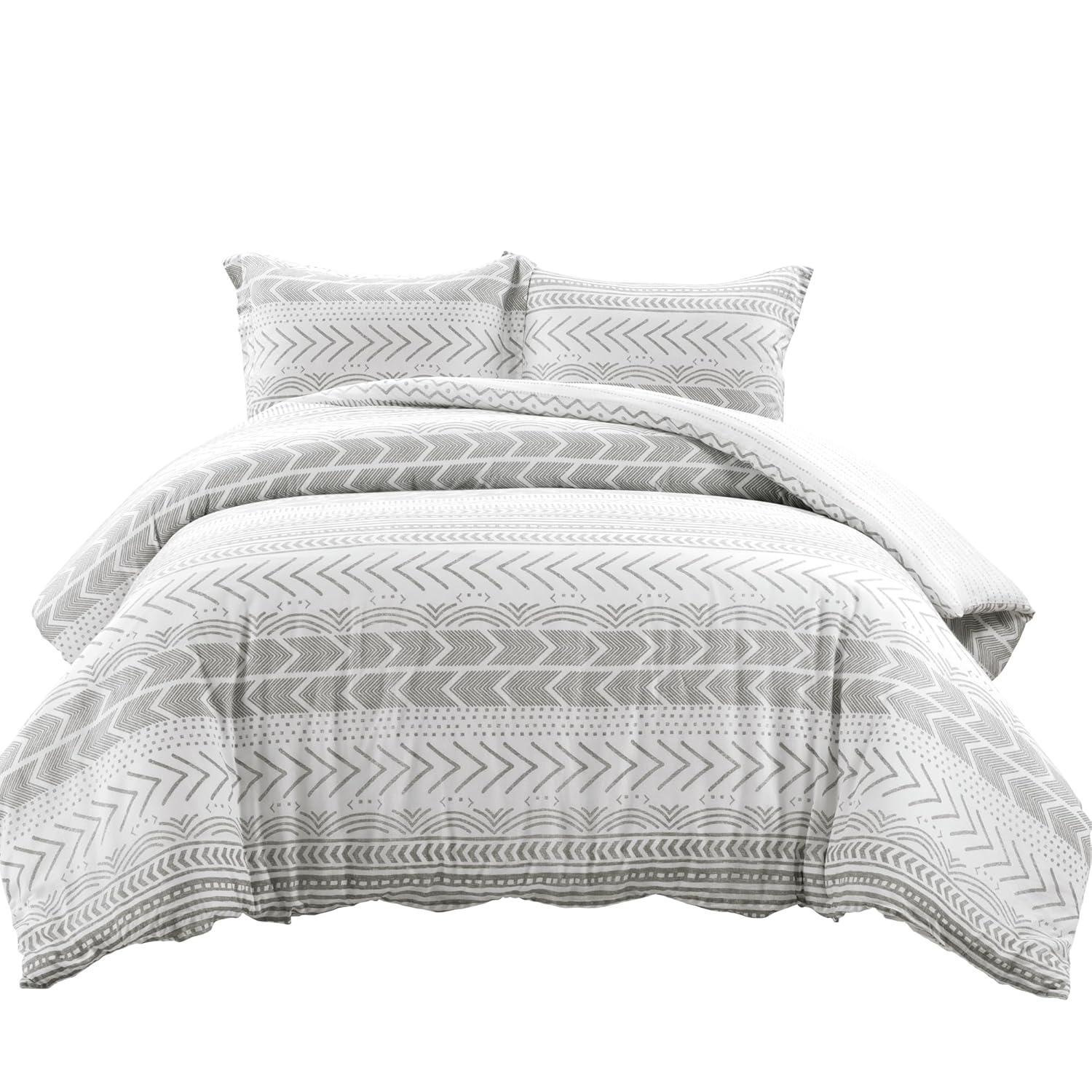 3pc King Hygge Geo Duvet & Sham Set Gray/White - Lush Décor: Cotton, Reversible, Inner Ties, 460 Thread Count