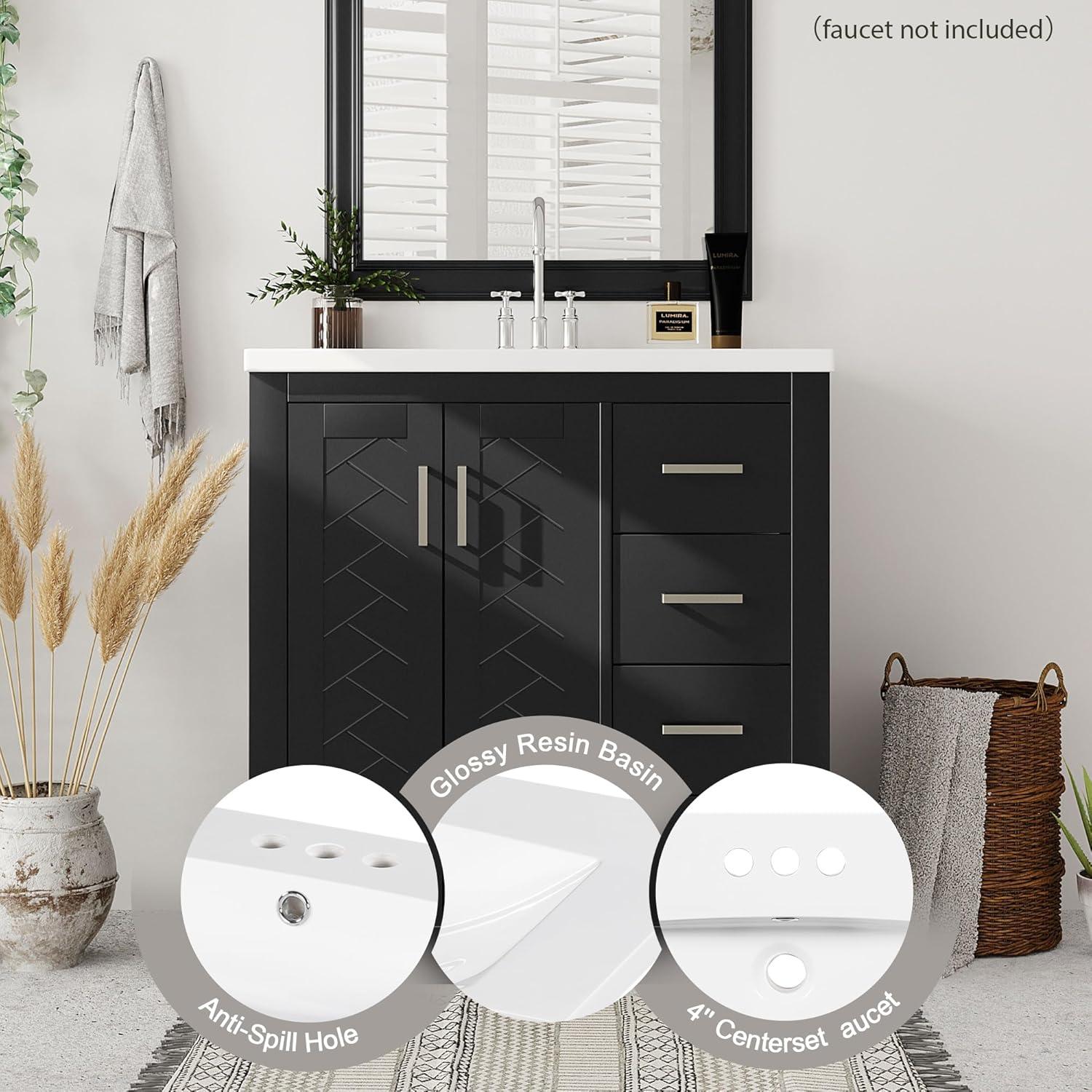 30" Bathroom Vanity with Single Sink, Modern Bathroom Vanity with 3 Drawers & 2 Doors, Solid Wood Bathroom Storage Cabinet with Undermount Sink, Black