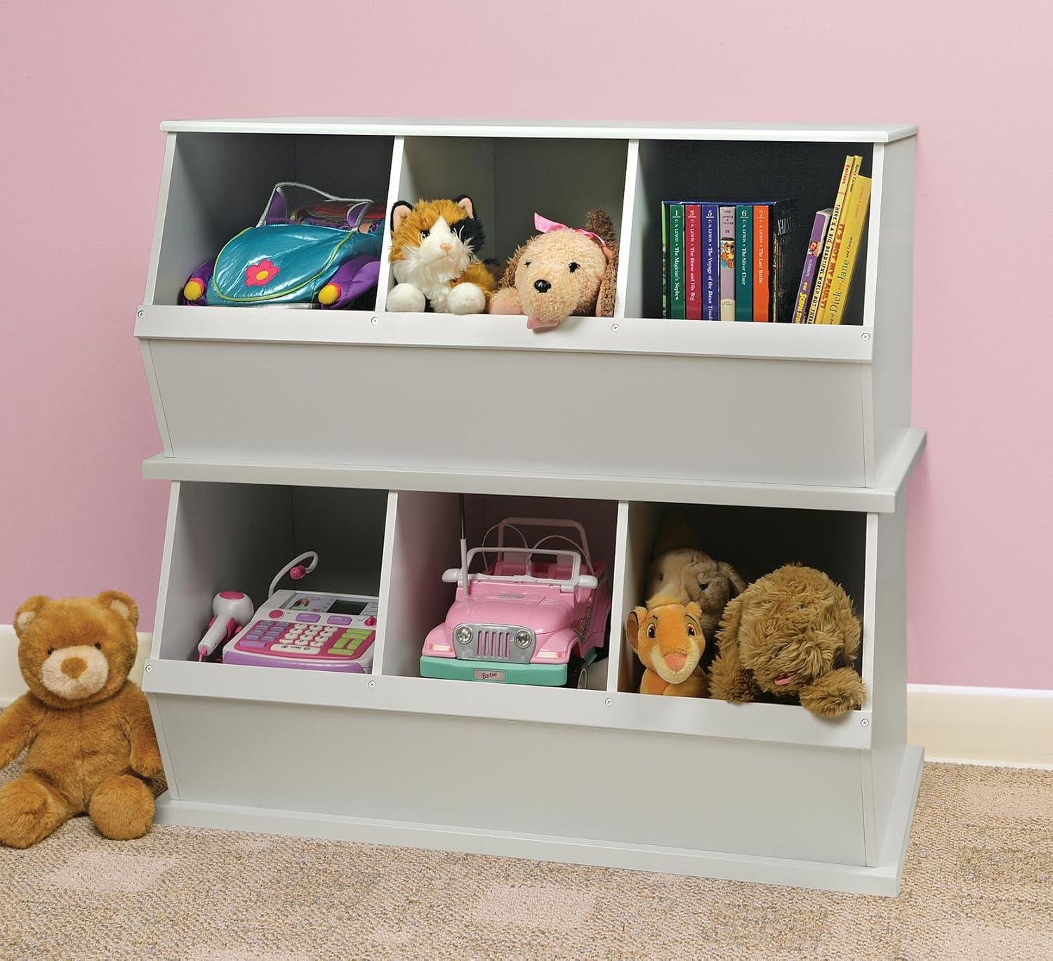 Three Bin Stackable Toy Storage Cubby Organizer - White