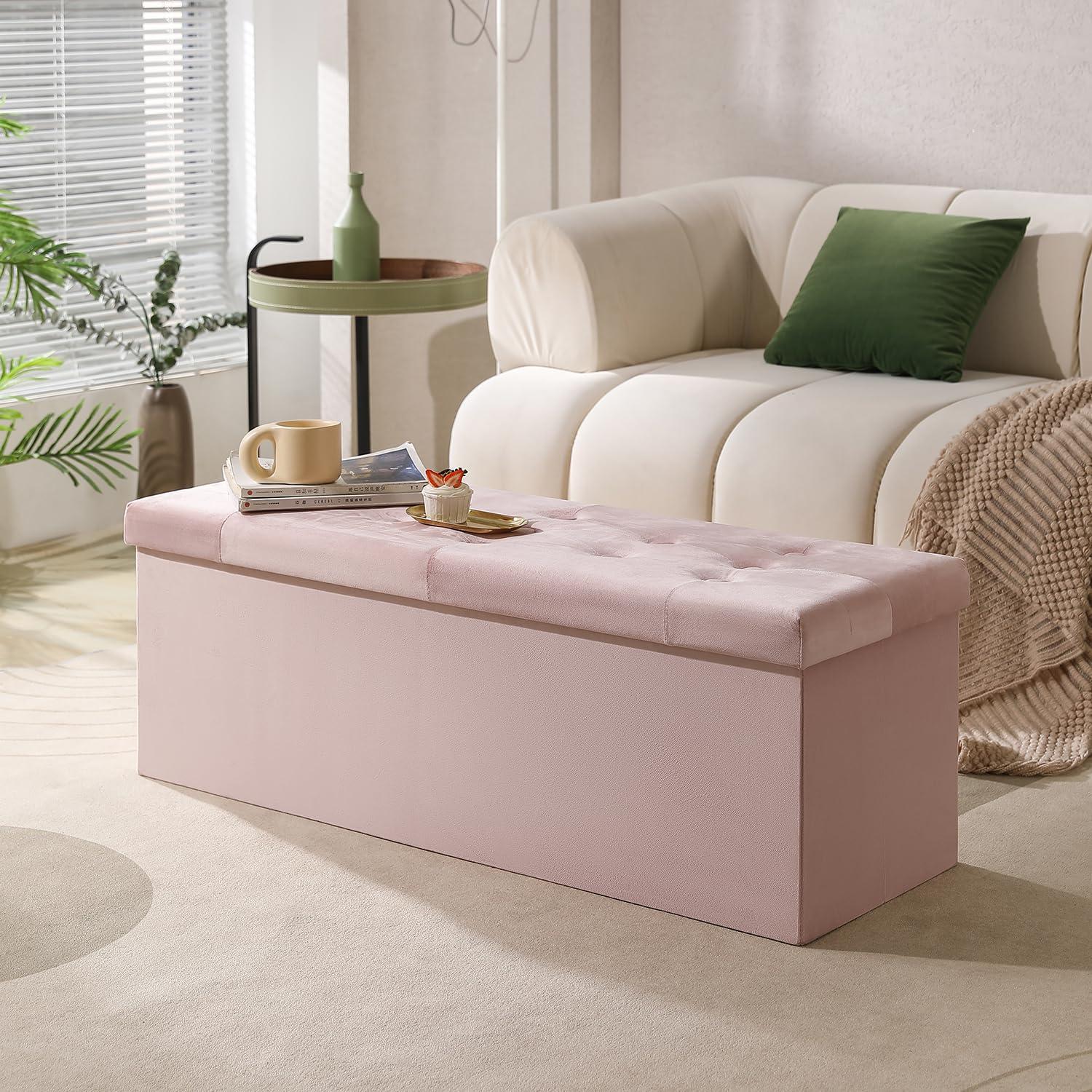 PRANDOM Extra Large Ottoman with Storage [1-Pack] Velvet Folding Small Square Foot Stool with Lid for Toy Living Room Bedroom Coffee Table Dorm Pink 30.5x15x15 inches