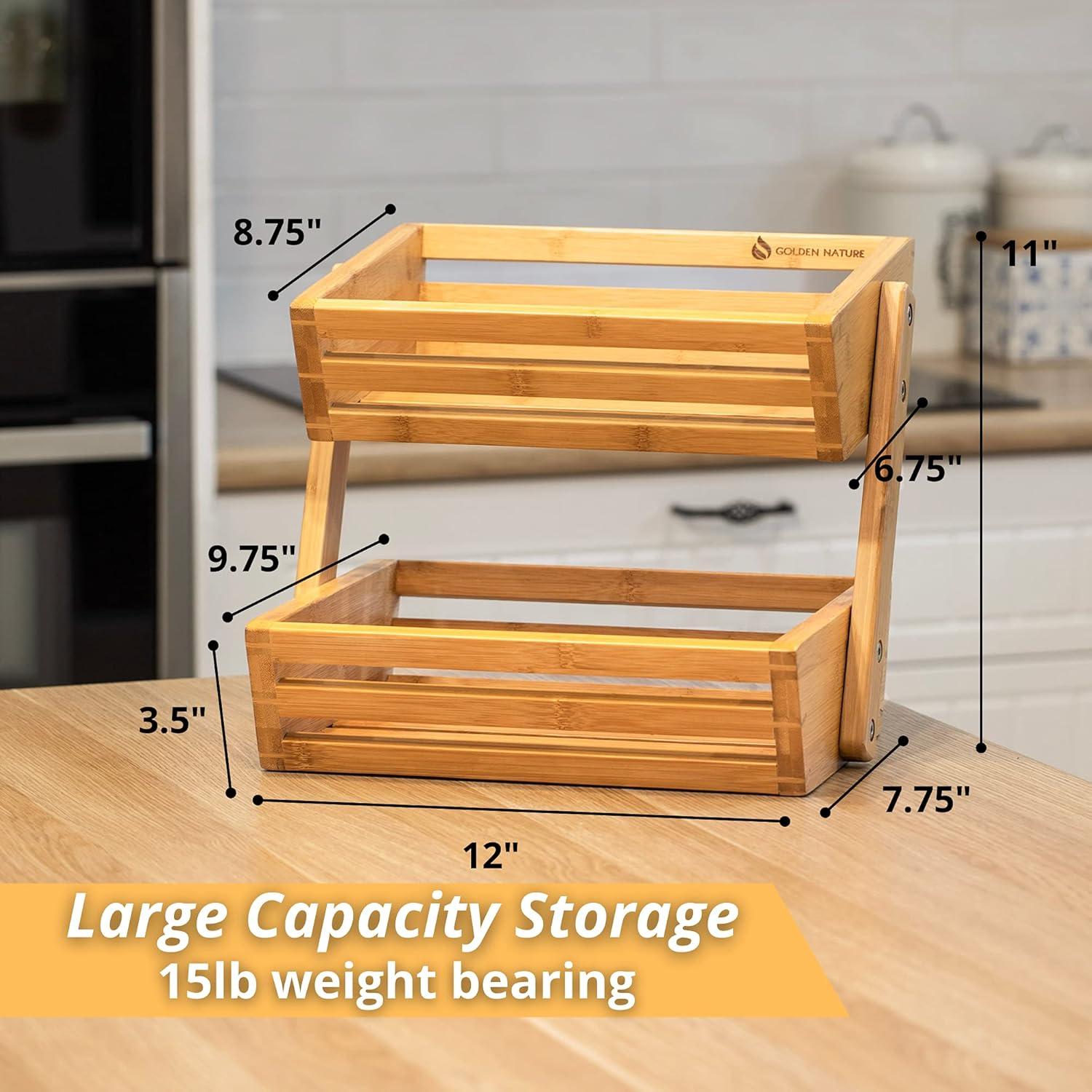 Bamboo Basket for Kitchen Counter Fruit & Vegetable Storage, Two Tier Wooden Fruit Bowl by Golden Nature