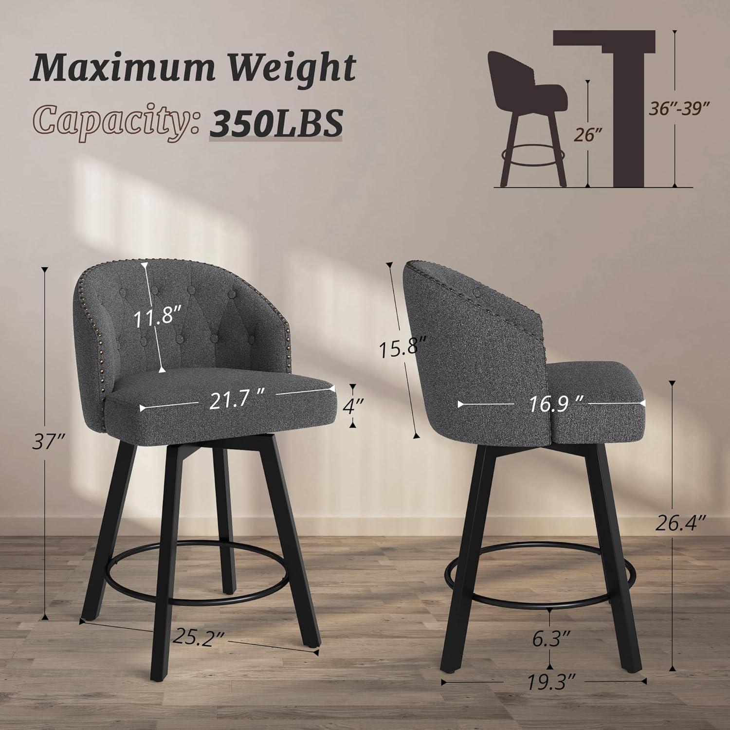 Dark Gray Linen Swivel Counter Stools with Metal Legs, Set of 2